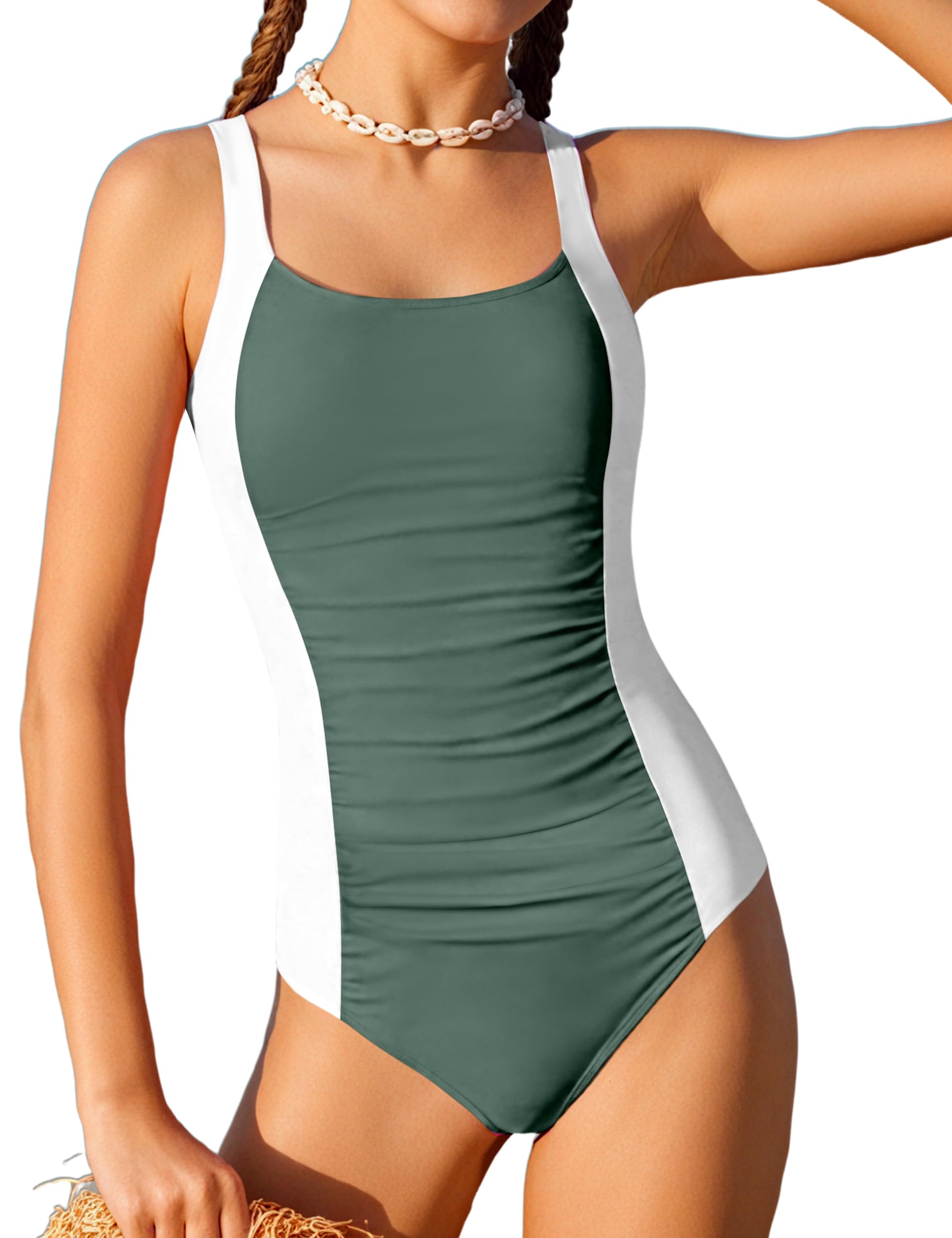 Girl Swimsuit One Piece Bathing Suit for Girls Solid Color Ruched Adjustable Straps Padded Swimwear 9-18y