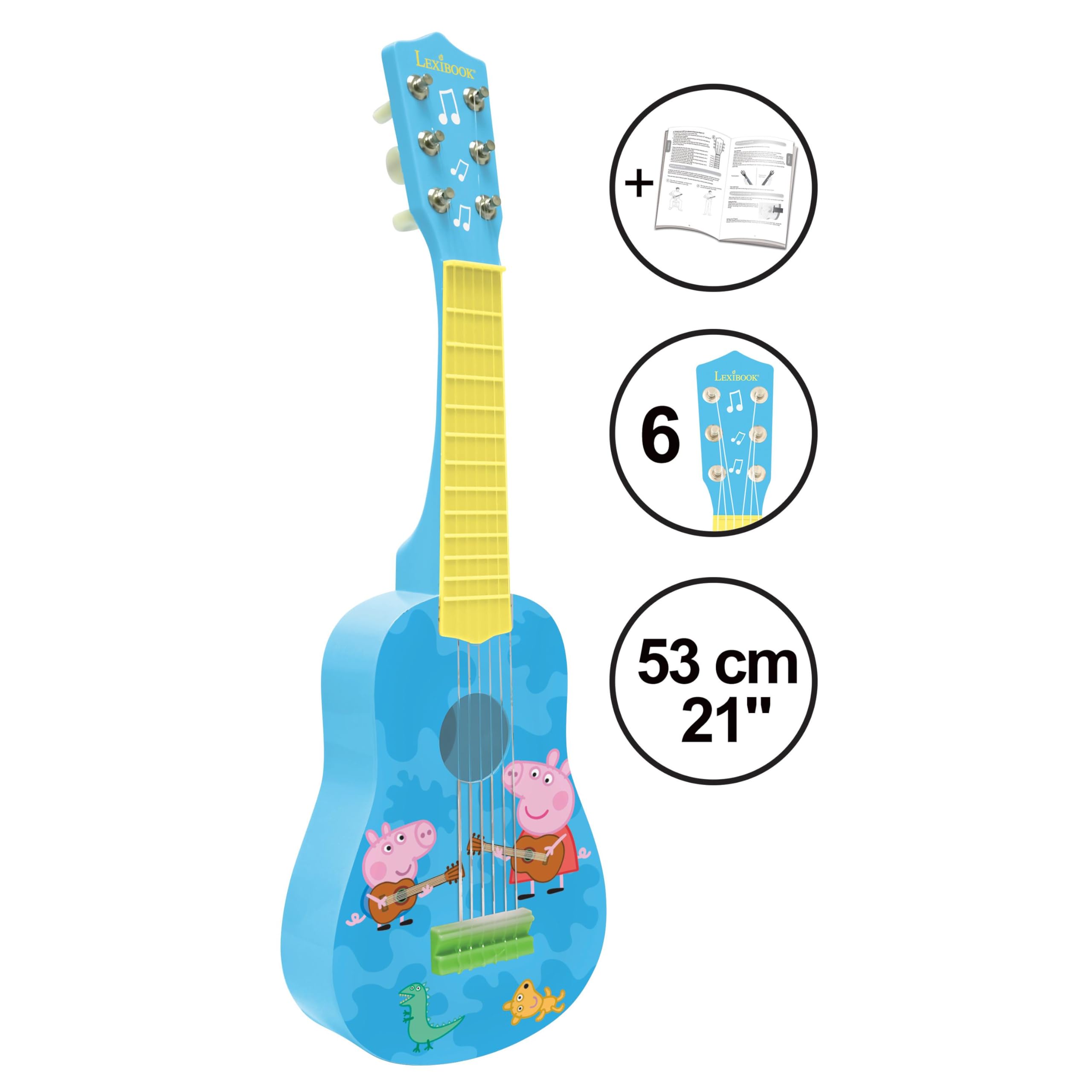Lexibook, Peppa Pig, My First Guitar per bambini, 6 corde in nylon, lunghezza 53,3 cm, guida inclusa, blu/giallo, K200PPLXB