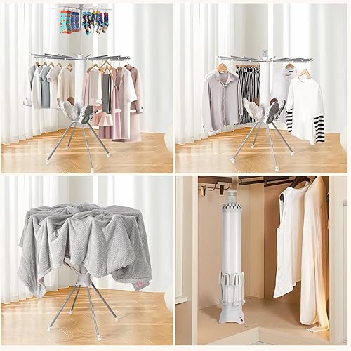 Miniatura 2 de Estante de secado de ropa plegable de 4 patas, soporte portátil para lavandería con 20 clips y soportes para zapatos, estante doble de metal