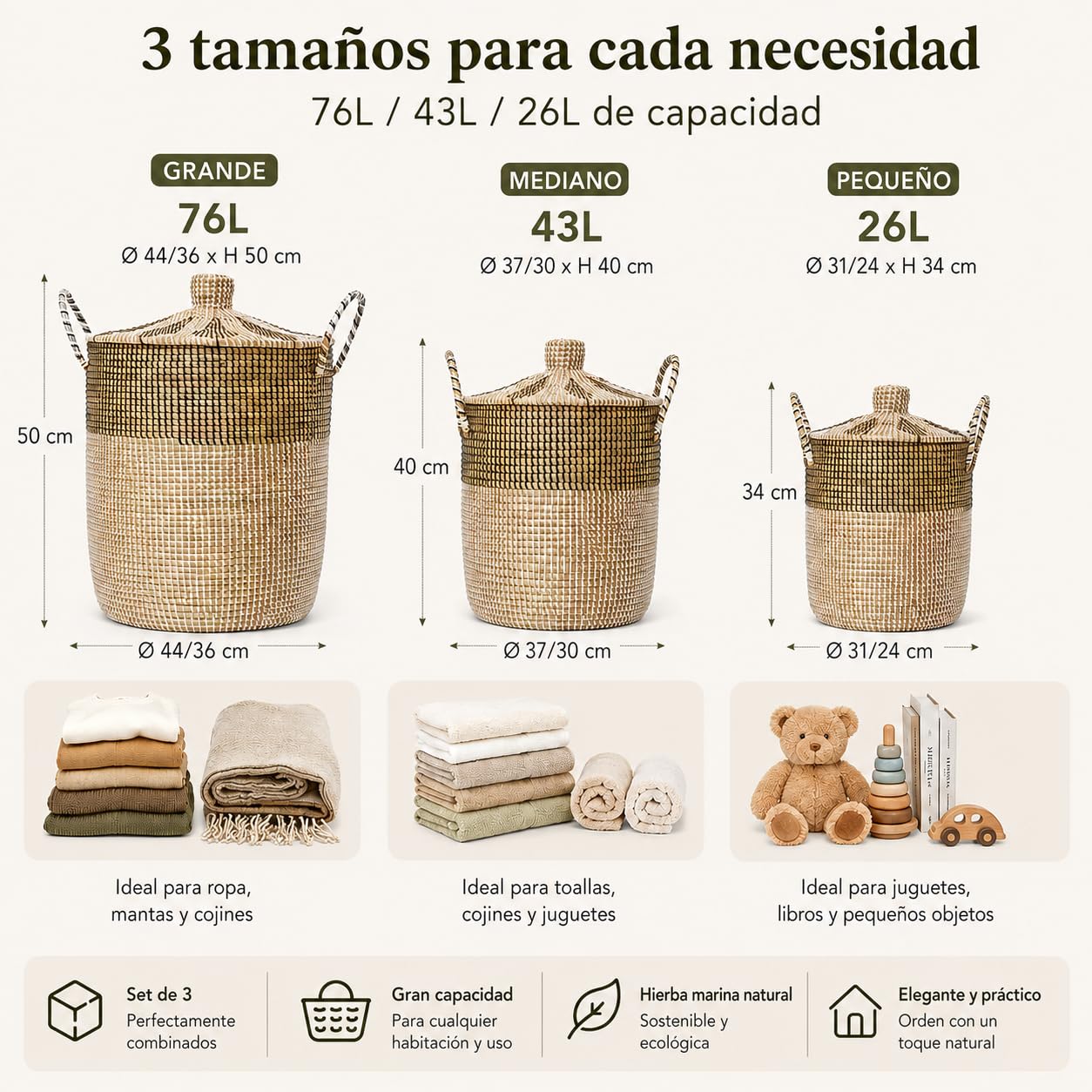 Pack 3 Cestas para Ropa Sucia y Almacenamiento, Cesta Tejida de Hierba Marina Artesanal Vietnam (76L/43L/26L) con Asas, Tapa y Forro Desmontable Lavable, Multiusos Salón Dormitorio Cocina Baño