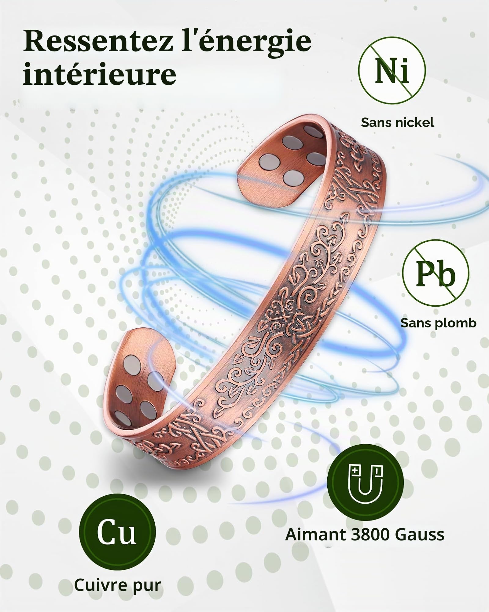 MagEnergy Bracelet en cuivre pour homme, bracelet magnétique avec 18 aimants, cuivre massif 99,99% pur, bracelet ajustable pour homme, idée cadeau (L'arbre de la vie), Eine Grösse, Cuivre