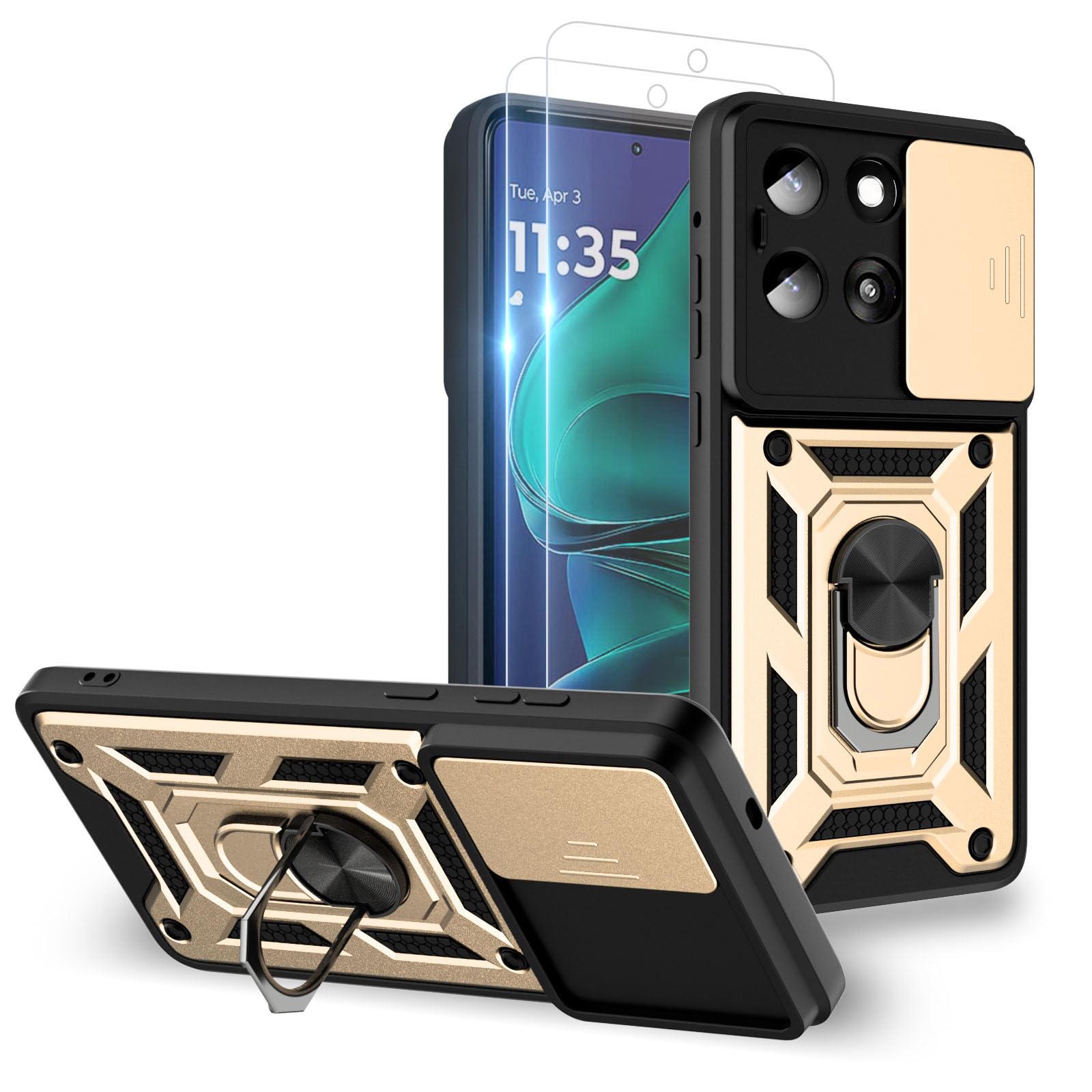 for Moto G Stylus 2025 Case： with 2PC Screen Protector,Sliding Camera Cover and Multi Angle Stand for Motorola Moto G Stylus 5G 2025 Case,Gold