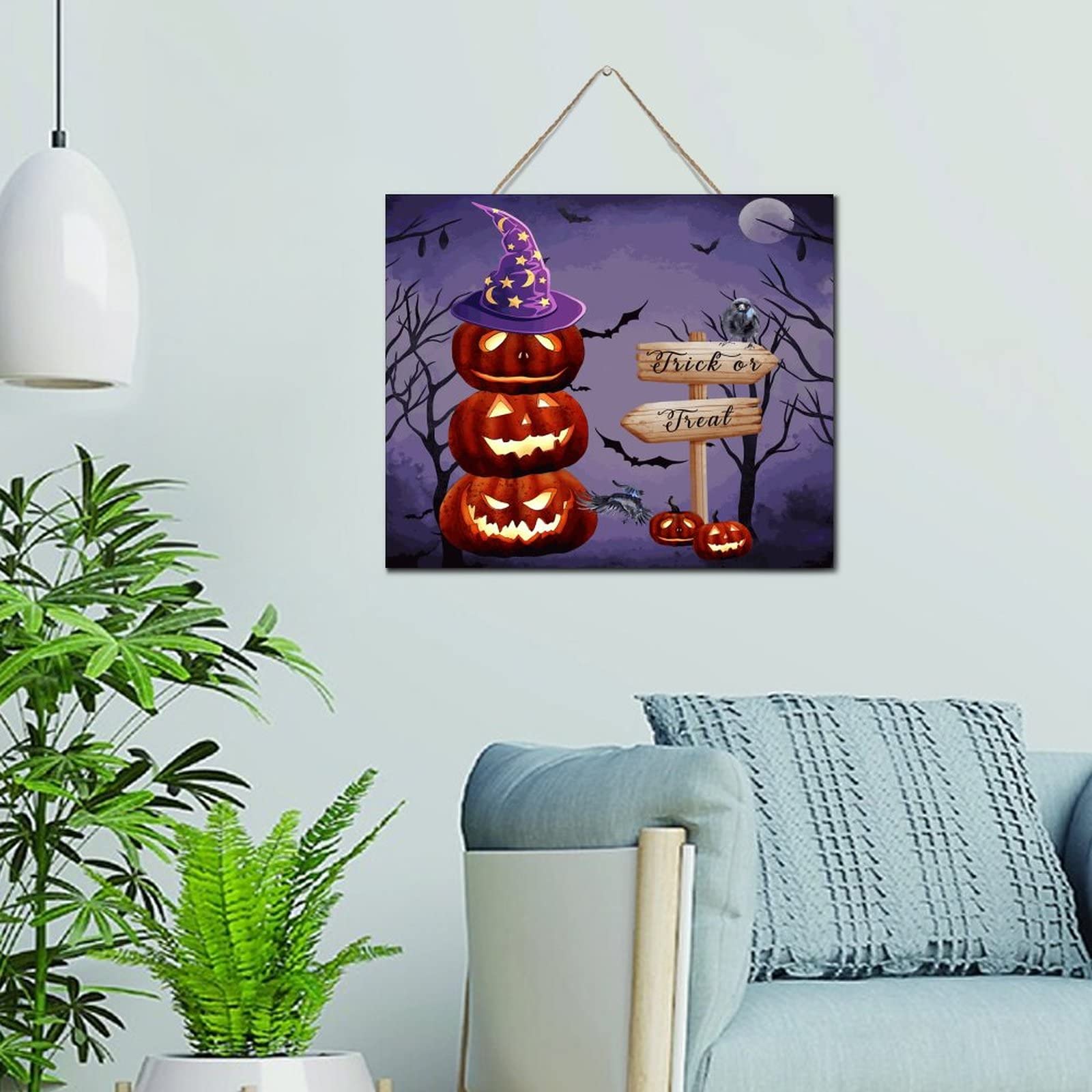 Décoration d'Halloween en bois citrouille et chauve-souris pour porte d'entrée