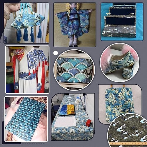 Miniatura 5 de PH PandaHall 1Yard Sea Wave Fabric 60.6Inch Wide Japanese Wave Fabric Cotton Coffee Upholstery Fabrics Retro Printed Sewing Fabrics for DIY Crafts