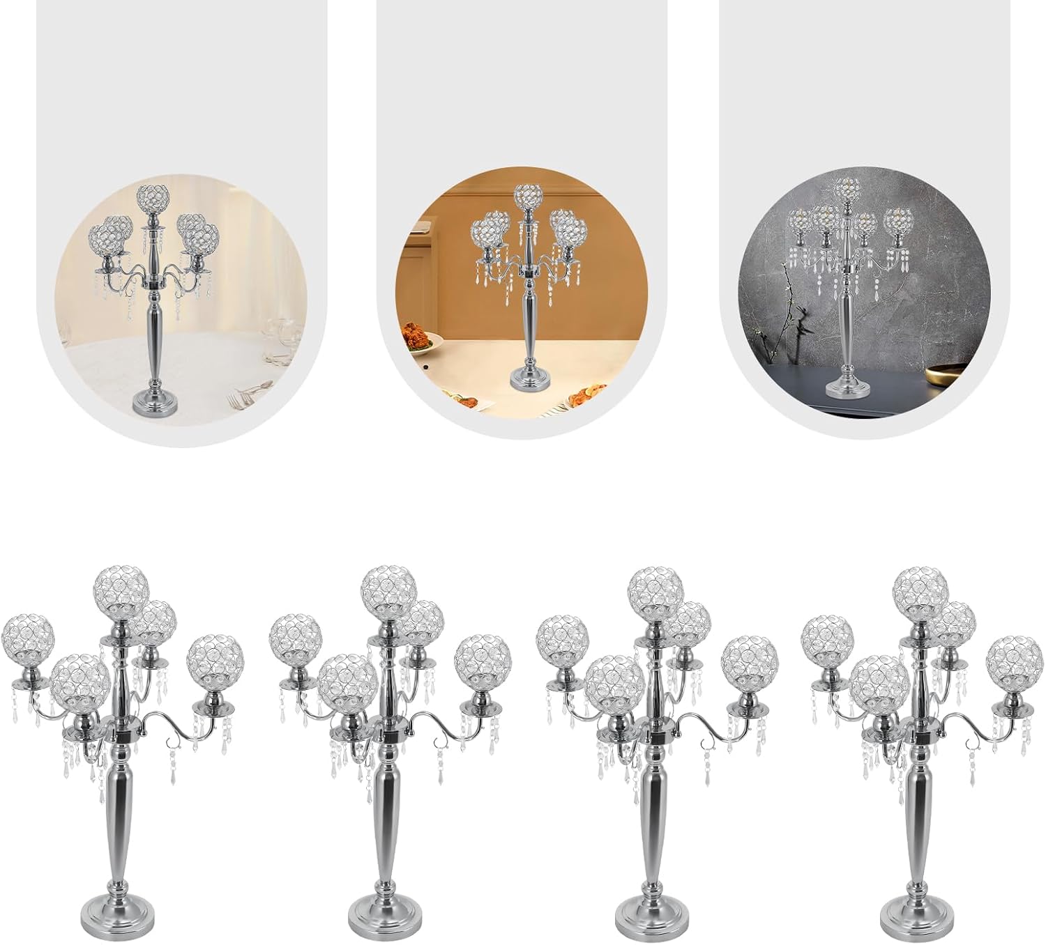 4 Pcs 5 Arm Crystal Candle Holder 29.5In Silver Candle Holder Vintage Candle Holder Table Candelabra Stand 5-Arm Candle Holder Centerpiece for Home Wedding Event and Party Festival
