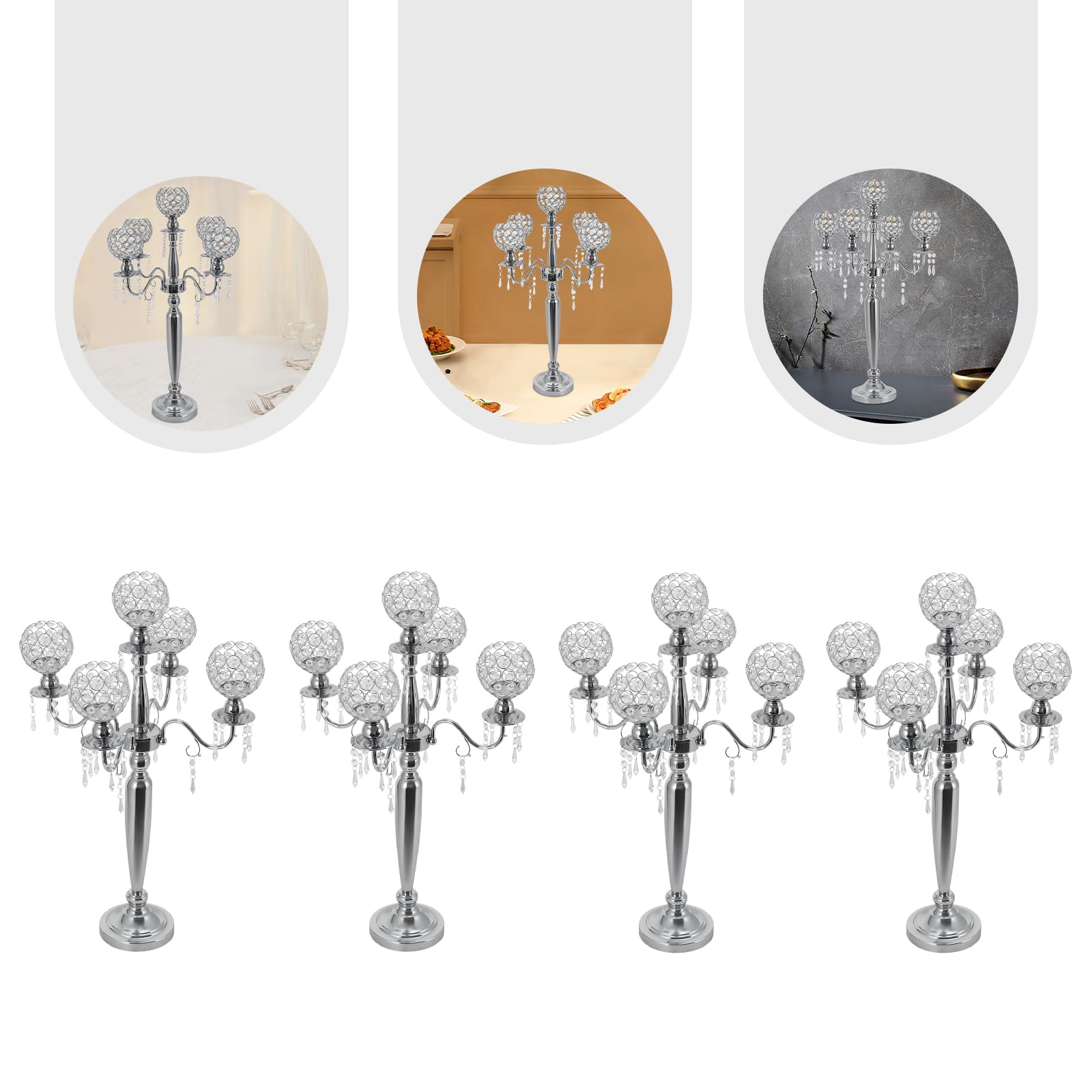 Ageanbri 4 Pcs 5 Arm Crystal Candle Holder 29.5In Silver Candle Holder Vintage Candle Holder Table Candelabra Stand 5-Arm Candle Holder Centerpiece