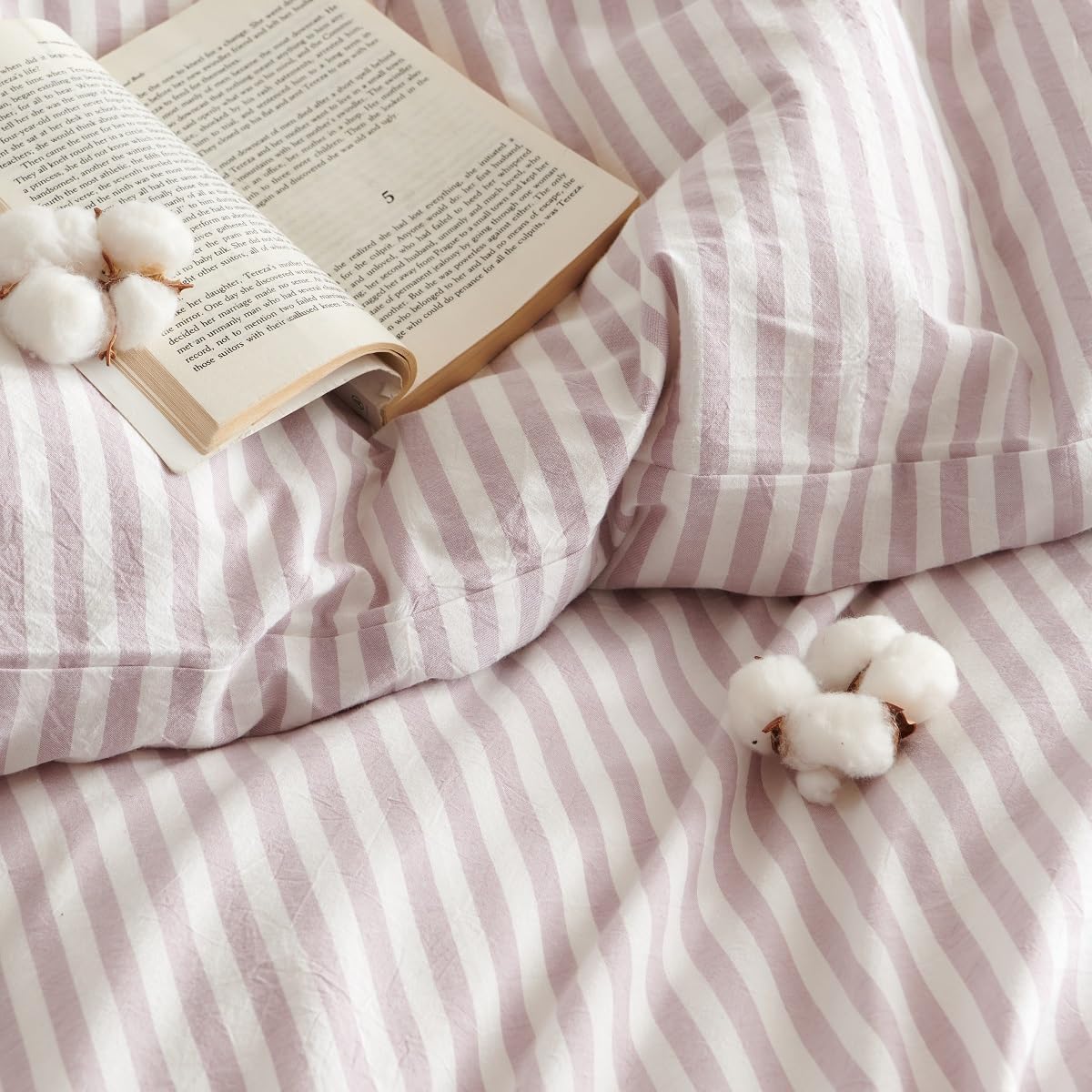 Lanqinglv Ropa de cama de 200 x 220 cm, algodón a rayas, color lila y blanco, 100 % algodón reforzado con cremallera, ropa de cama Öko-Tex adecuada para alérgicos, 1 funda nórdica y 2 fundas de