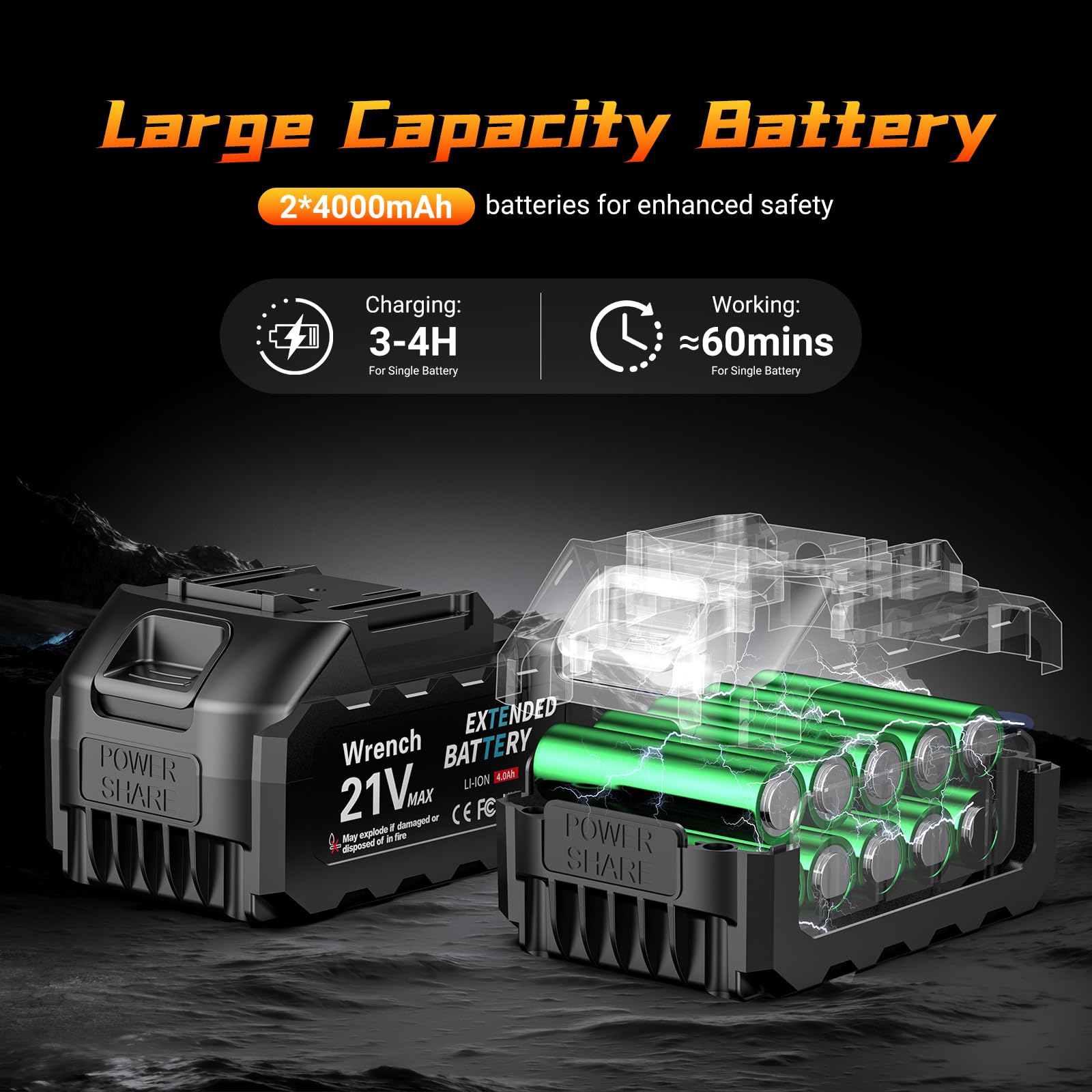1100N.m Clé à Chocs Sans Fil, 2 x 4000mAh Batterie Clé à Chocs Sans Fil Brushless, Boulonneuse a Choc Electrique avec 5 Douilles Puissance, pour changer les pneus des camions