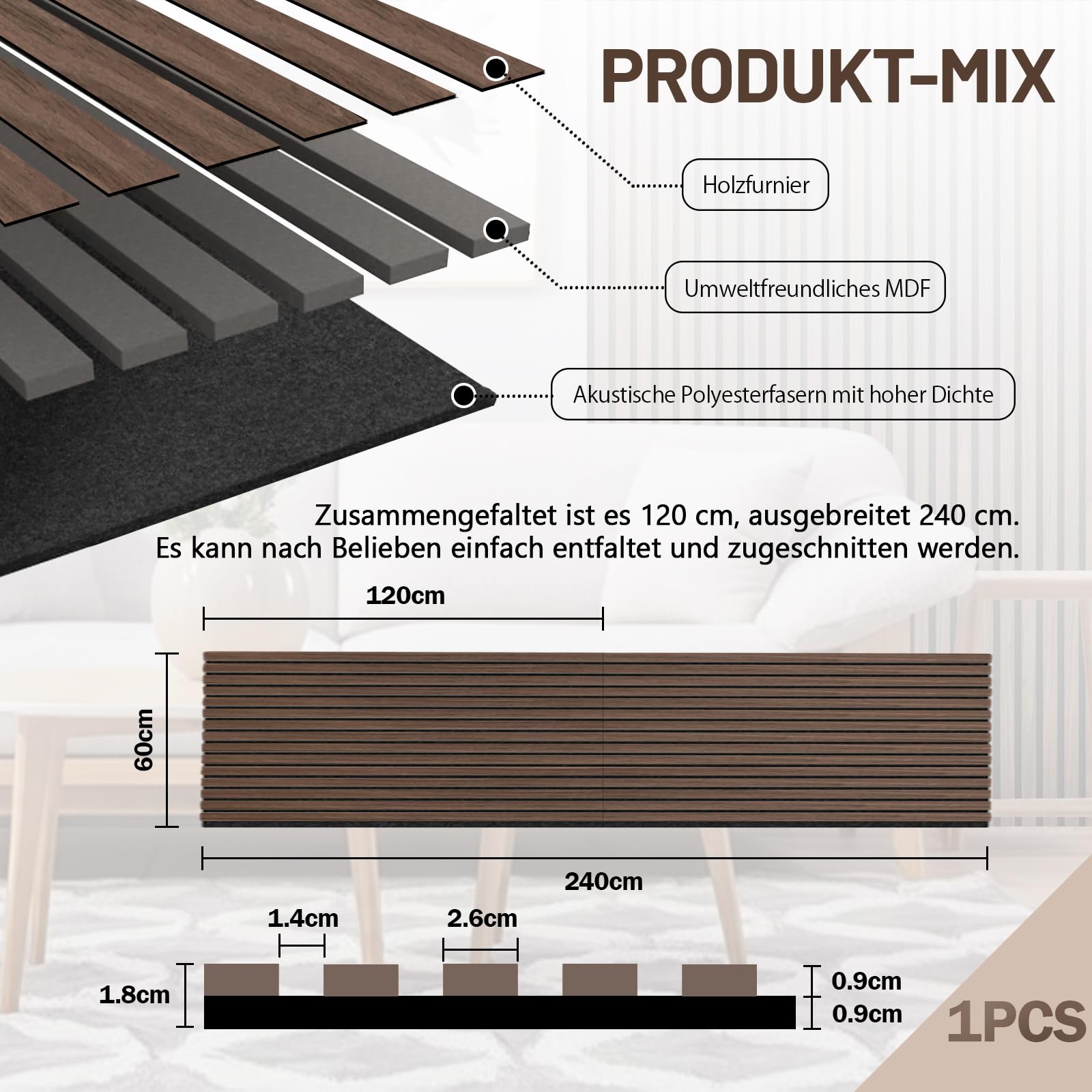 AKK-STAVE Akustikpaneele Holz 240x60 cm (1er-Set 1,44 m²) - Akustik Paneele & Holzpaneele Wand für Schallschutz | 3D Paneele Wand als Wandverkleidung Innen,Schallabsorber für Wohnzimmer(Schwarznuss)