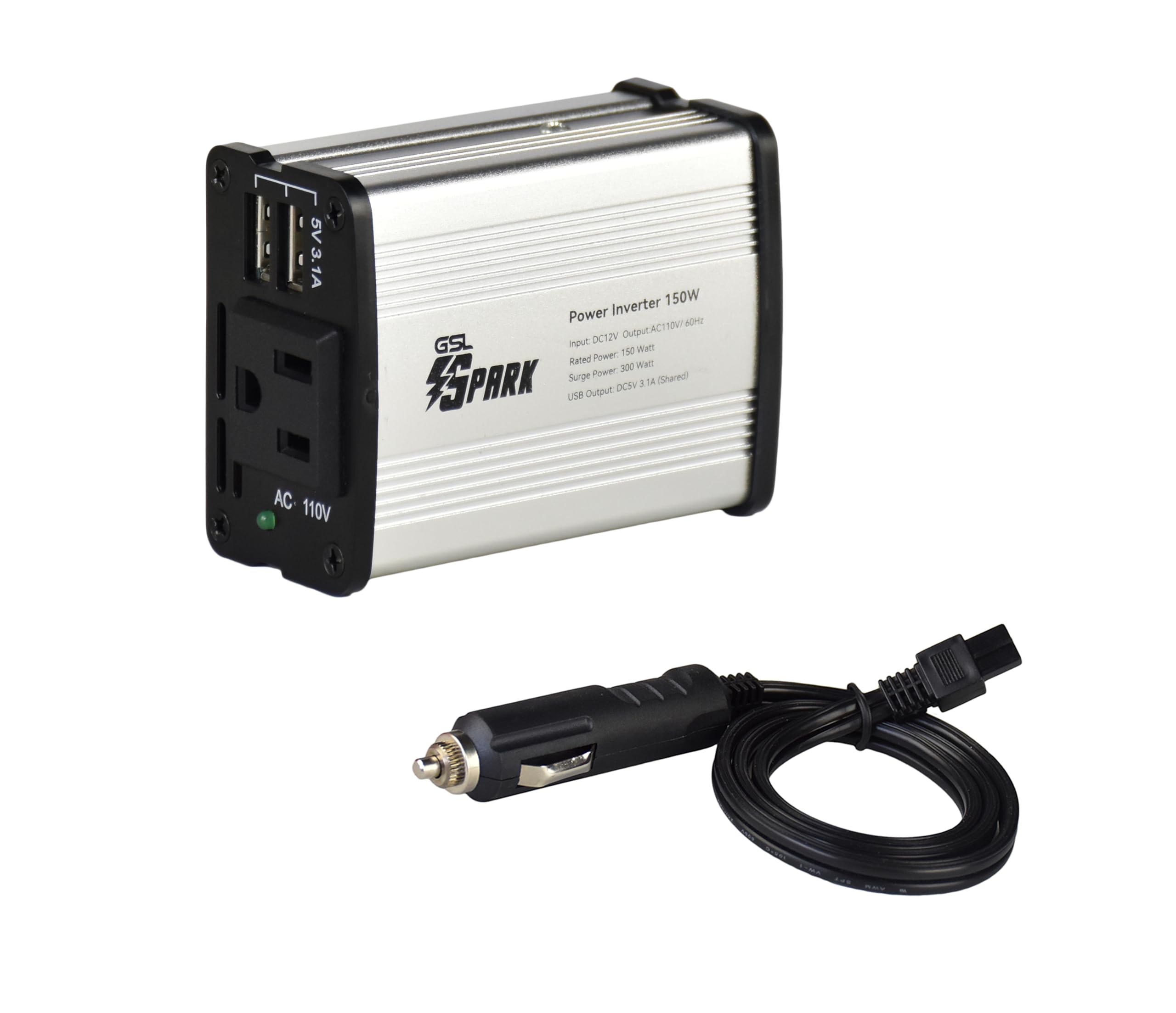 GSL Spark Power Inverter DC 12V to AC 110V 60Hz 150W Rated Power 300W Surge Power with Dual USB Output with Heavy Duty Cigarette Lighter Plug Cable.