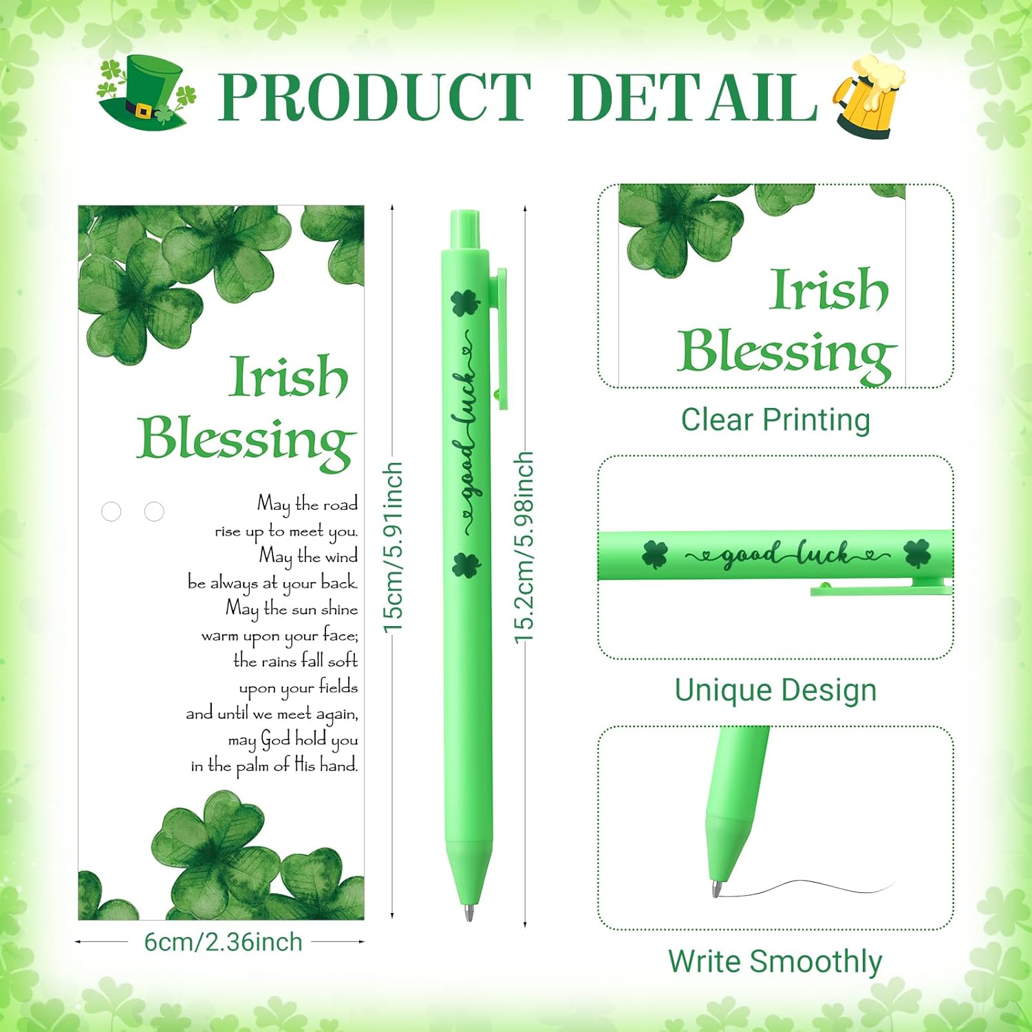 Misdary St. Patrick's Day Gifts Four Leaf Clover Keychains with Irish Blessing Cards Good Luck Ballpoint Pens and Bags