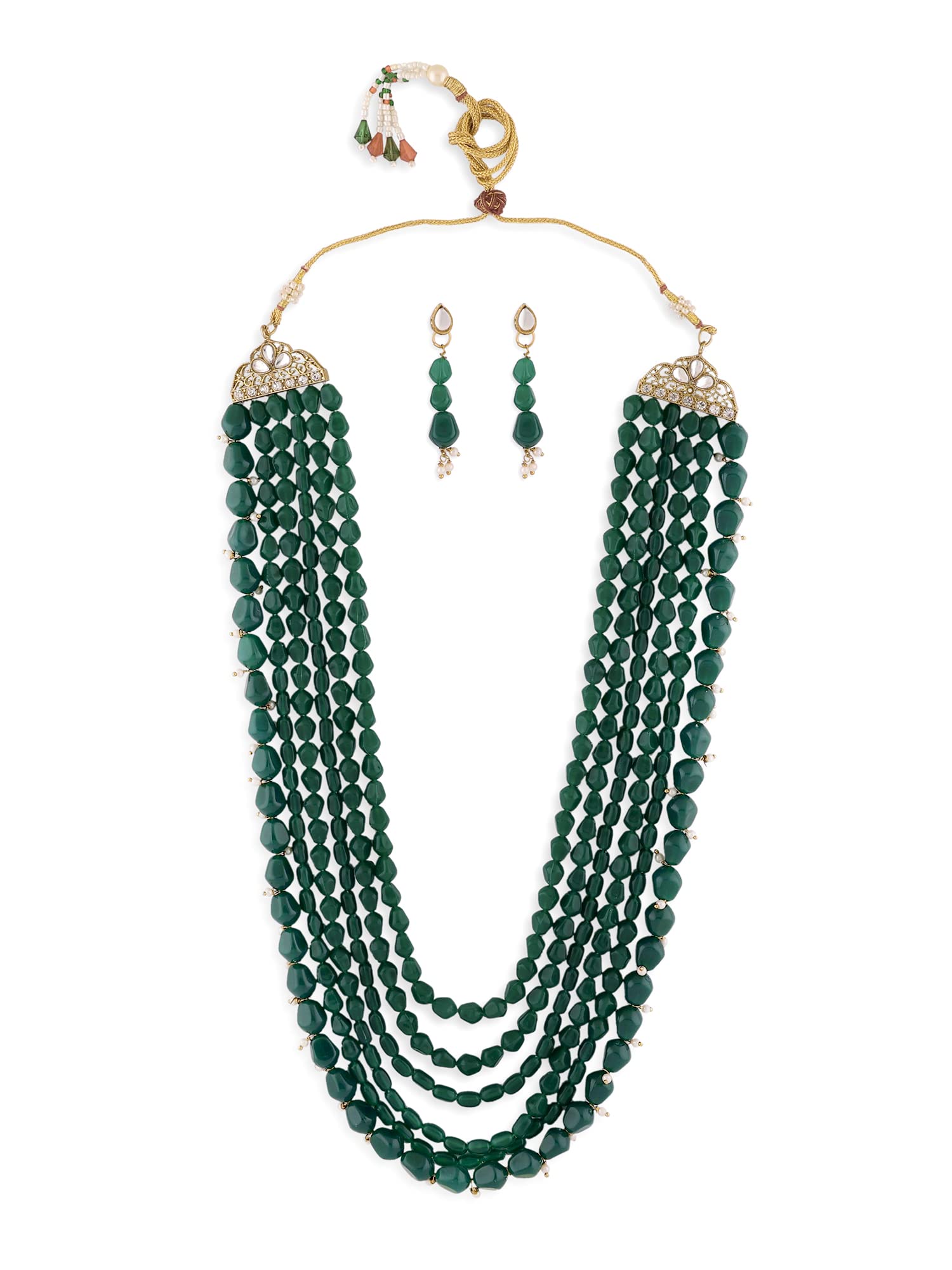 ZAVERI PEARLSGreen Multi Layers Beaded Long Necklace & Earring Set For Women-ZPFK13749