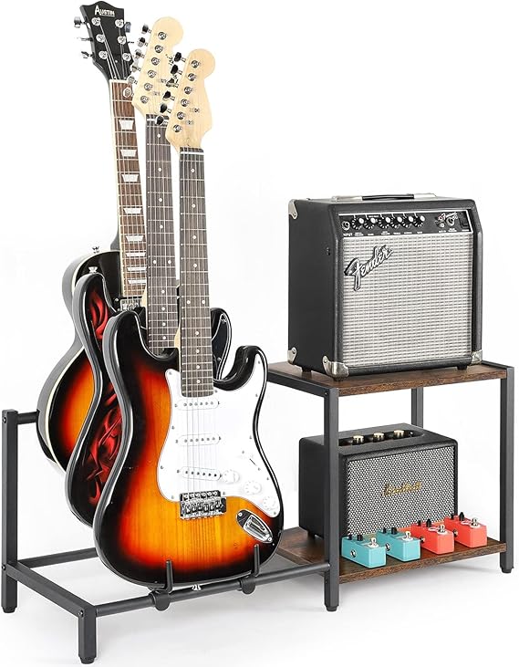 Bikoney Guitar Stand for 3 Electric Bass Guitars with Amp Stand - Heavy Duty Adjustable Guitar Rack Holder for Multiple Guitars & Accessories - Display & Storage Solution for Music Studio Home