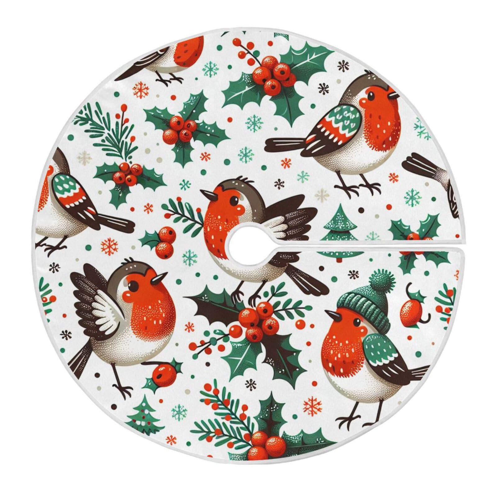 TPRDHK 48 Inch Soft Plush Christmas Tree Skirt,Robin Christmas Pattern Round Xmas Tree Mat for Holiday Part Xmas Halloween Tree Decoration