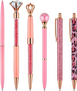 MIAHART Ballpoint Pens Set Gift 6 Pcs Metal Diamond Pens with Crystal Glitter Pens for Journaling，Ballpoint Pens Black Ink Retractable Fancy Pen Sets for Women Gift Office Supplies (Pink)