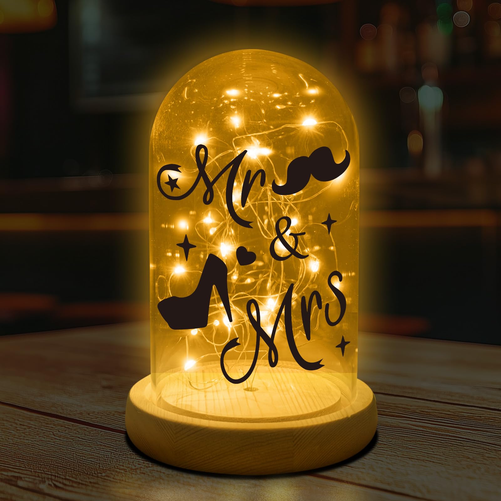 LED Glass Dome Wedding Gift for Couple, Mr and Mrs Gifts, Romantic Night Light, Light Up Glass Dome Decoration with Wooden Base, Wedding Gift for Wife Husband Bride Groom Engagement Anniversary
