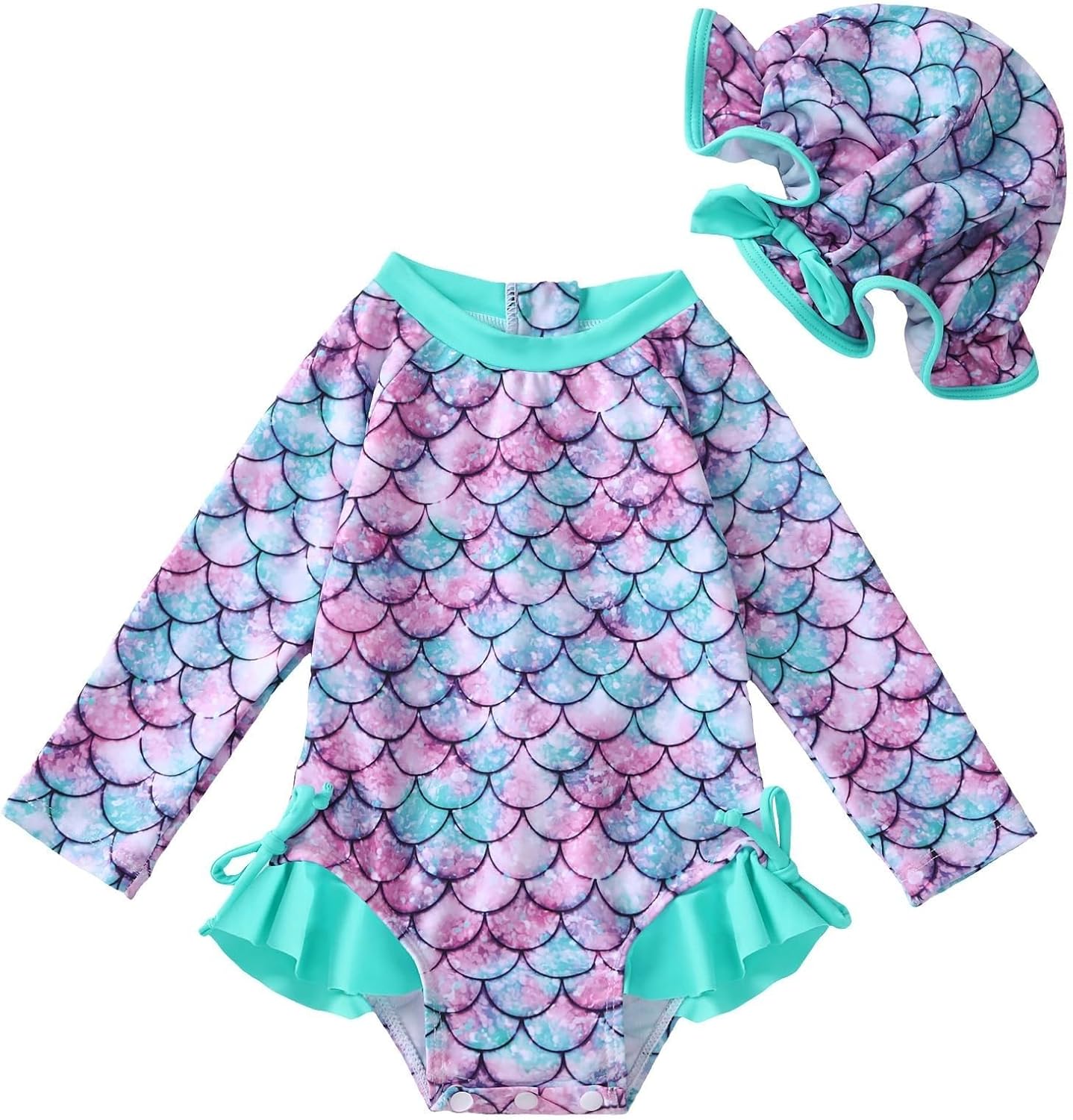 Infant Baby Girls Swimsuit with Hat Long Sleeve One-Piece Swimwear Swim Shirt Floral Zipper Bathing Suit Beach Wear