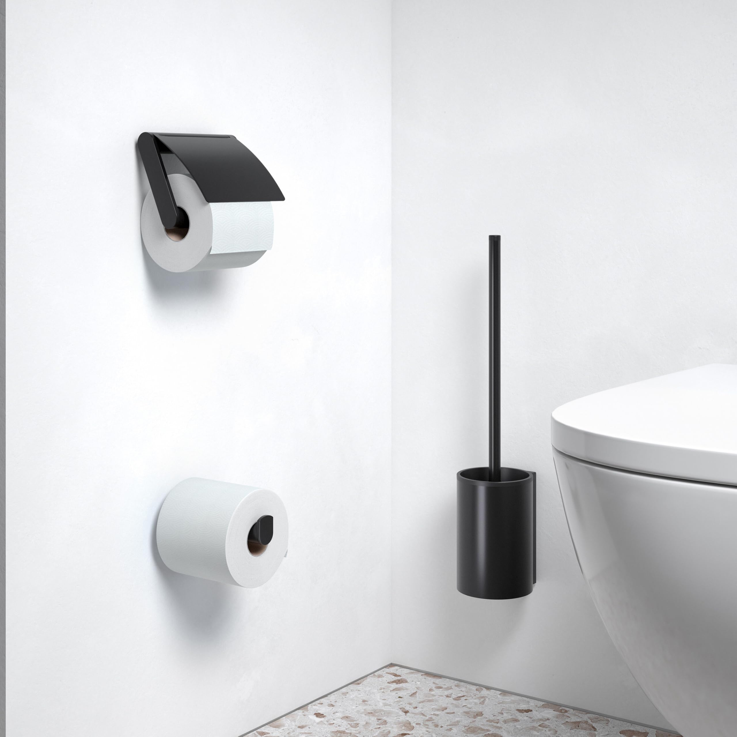 KEUCO Plan Set aus WC-Bürstengarnitur & 4 Bürstenköpfen, Metall schwarz | Bürstengarnitur mit Metallgehäuse und Bürste, Ersatzköpfe schwarz, inkl. Schrauben und Dübel, Bürstenhalter mit Klobürste