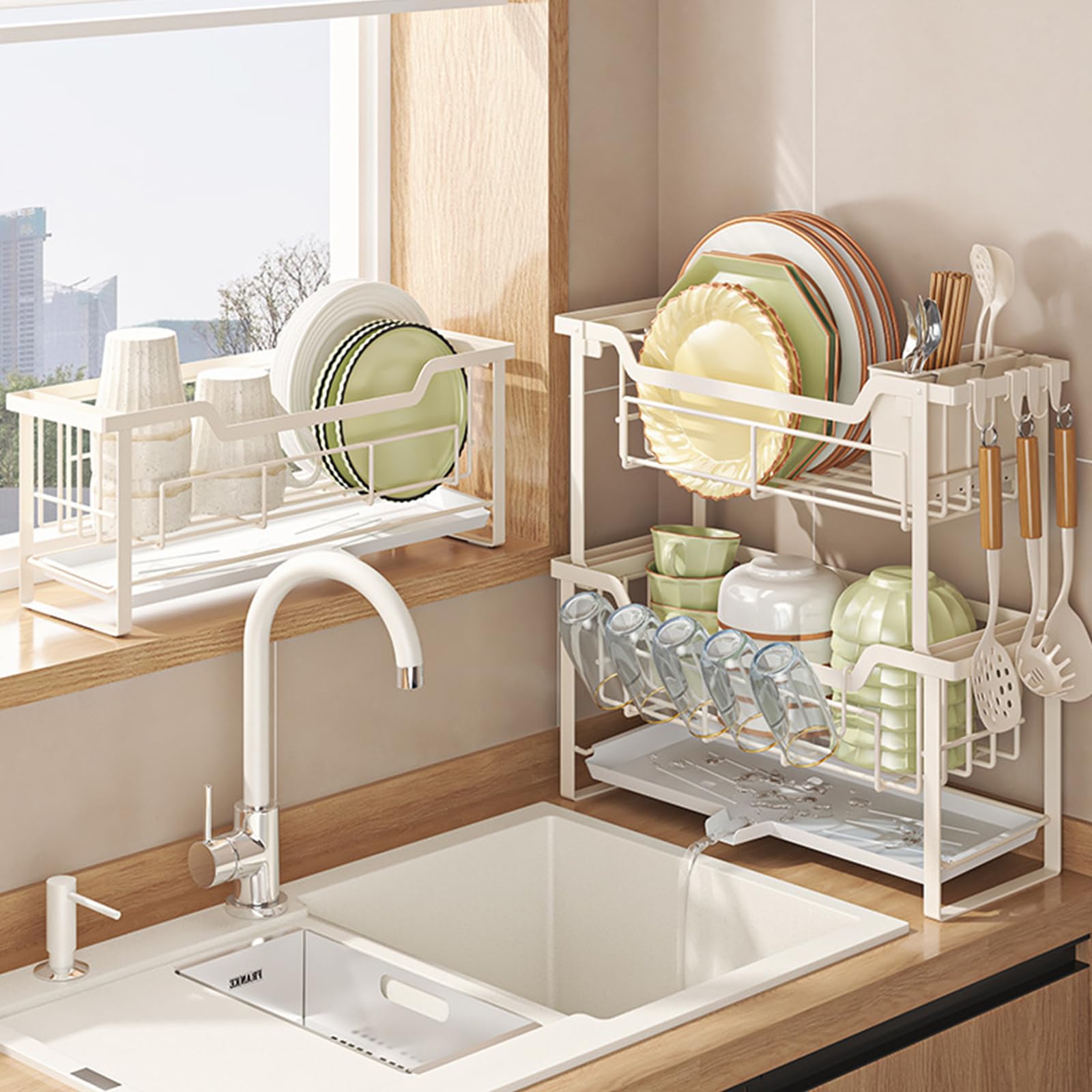 Escurreplatos 2 Niveles Vertical Fregadero Cocina Ahorro Espacio Blanco | Estrecho Escurre Platos Pequeño Vertical sobre Fregadero para Cocina, Ahorra Espacio para Fregadero y Encimera