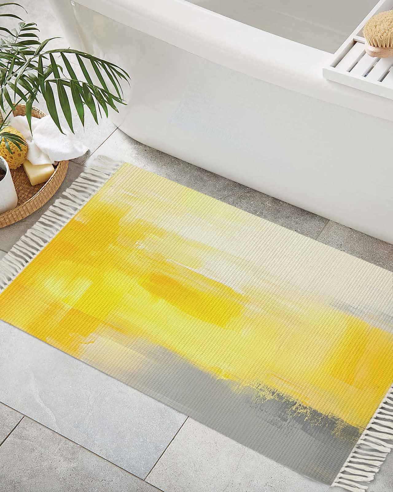 Yellow Bath Entry Rug Washable 2x3,Grey White Abstract Modern Minimalist Smear Art Throw Entryway Bathroom Kitchen Front Door Mat with Tassel,Bedroom