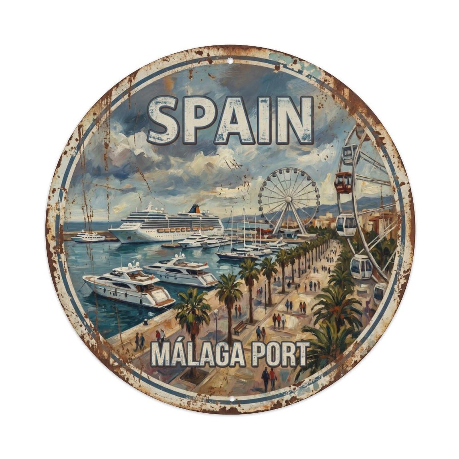 Malaga Port Spain Beach Travel Expressionist Metal Tin Sign