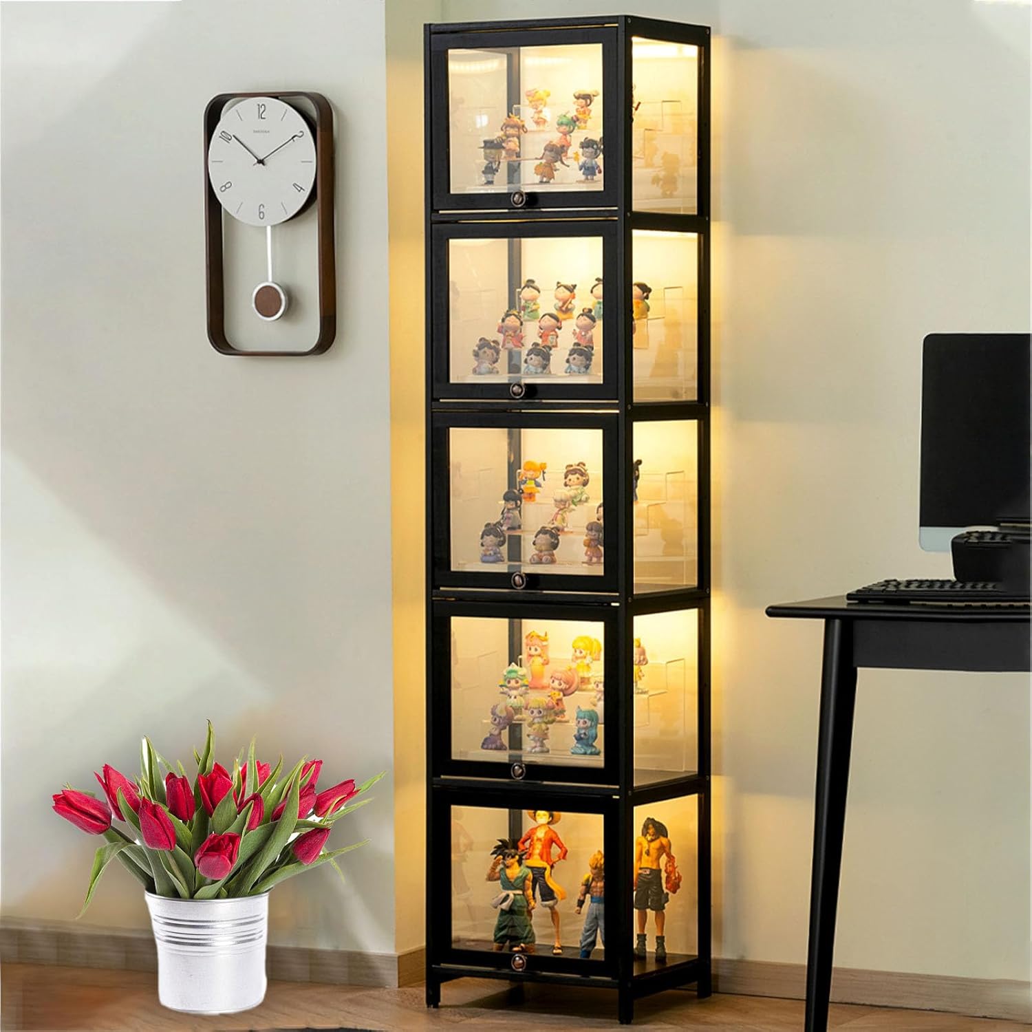 Display Cabinet Toys Display Shelf，Curio Cabinet, Bamboo Storage Cabinet with Acrylic Cabinet Door, Modern Minimalist Flip Door Display Case, Display Shelf for Collectibles Easy to Install,S