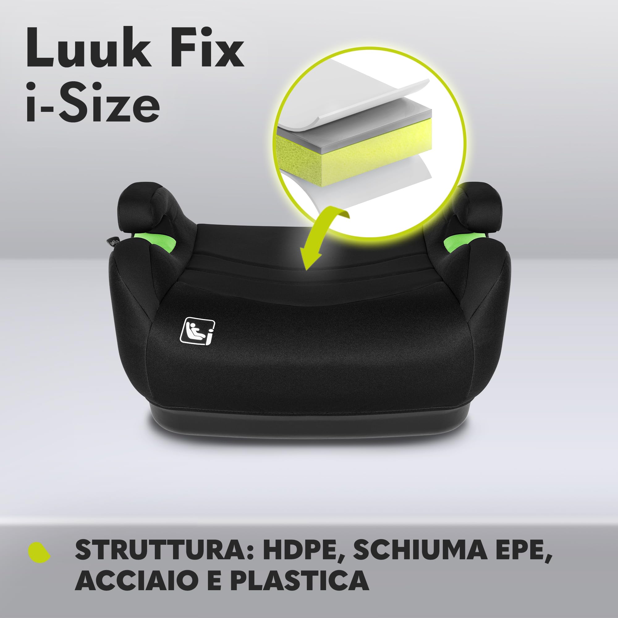 LIONELO Rialzo Auto per bambini LUUK FIX I-Size, Facile Installazione ISOFIX o/e cintura, 125-150 cm 22-36kg Leggero, Comodo, Indicatori, Schiuma Adattiva, Traspirante Lavabile, Car Booster, Braccioli