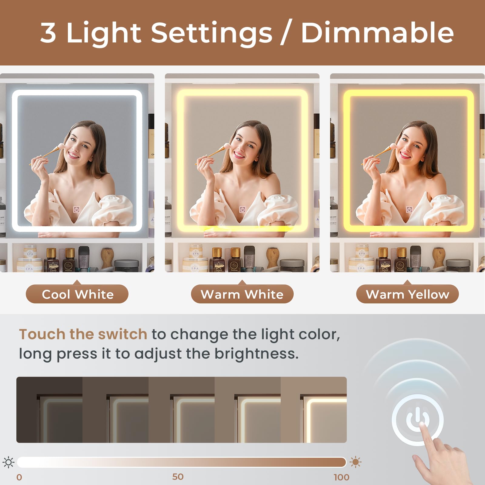 HAUOMS Makeup Vanity with Upholstered Stool, Mirror and Lights, Vanity Table Set with Jewelry Storage & RGB Lights, Vanity Desk with Charging Station, 5 Drawers and Shelves, (Modern White & Gold)