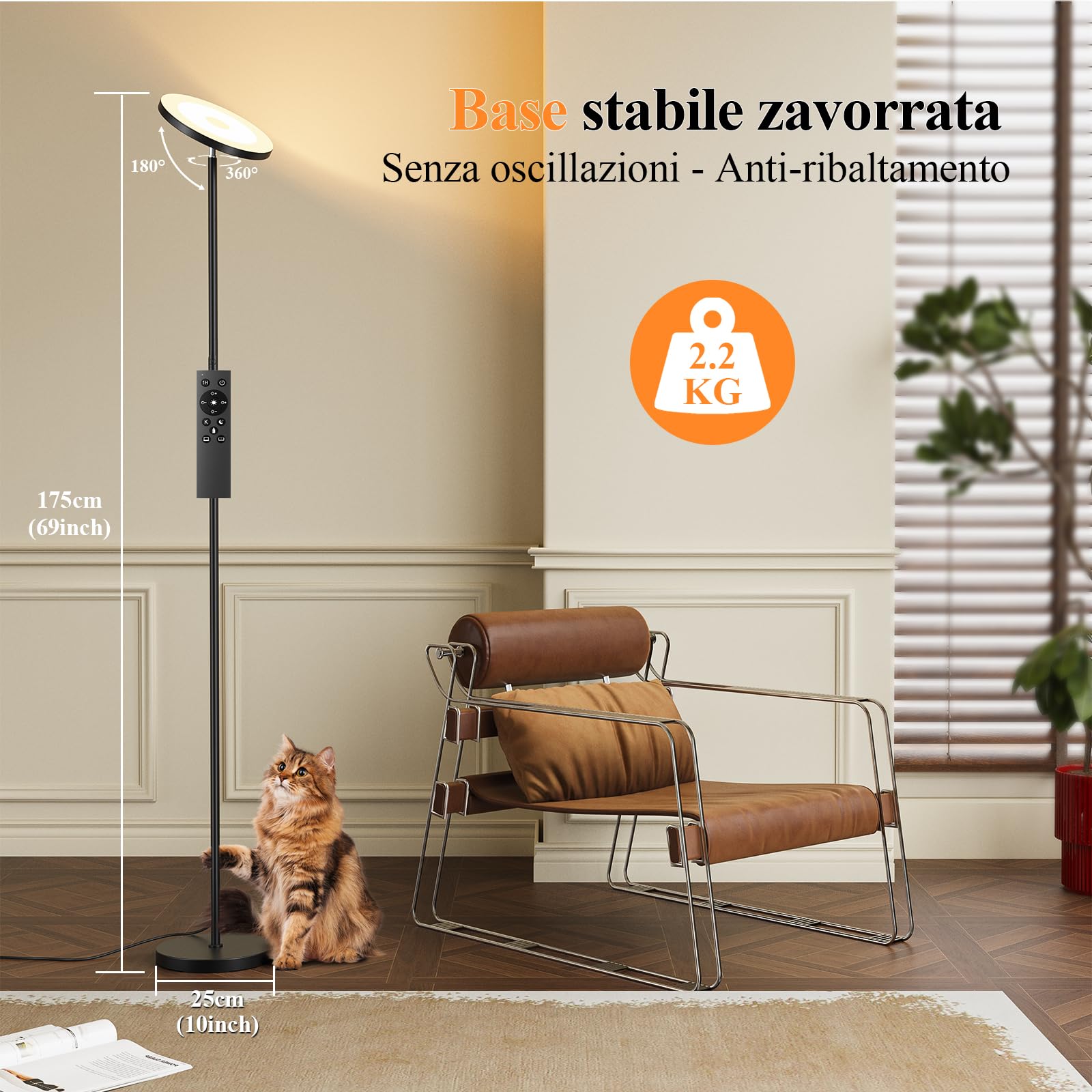 Lampada da terra dimmerabile LED 36 W, moderna lampada da soffitto con 2700 K-6500 K, dimmerabile, con telecomando e controllo touch per soggiorno, camera da letto, ufficio