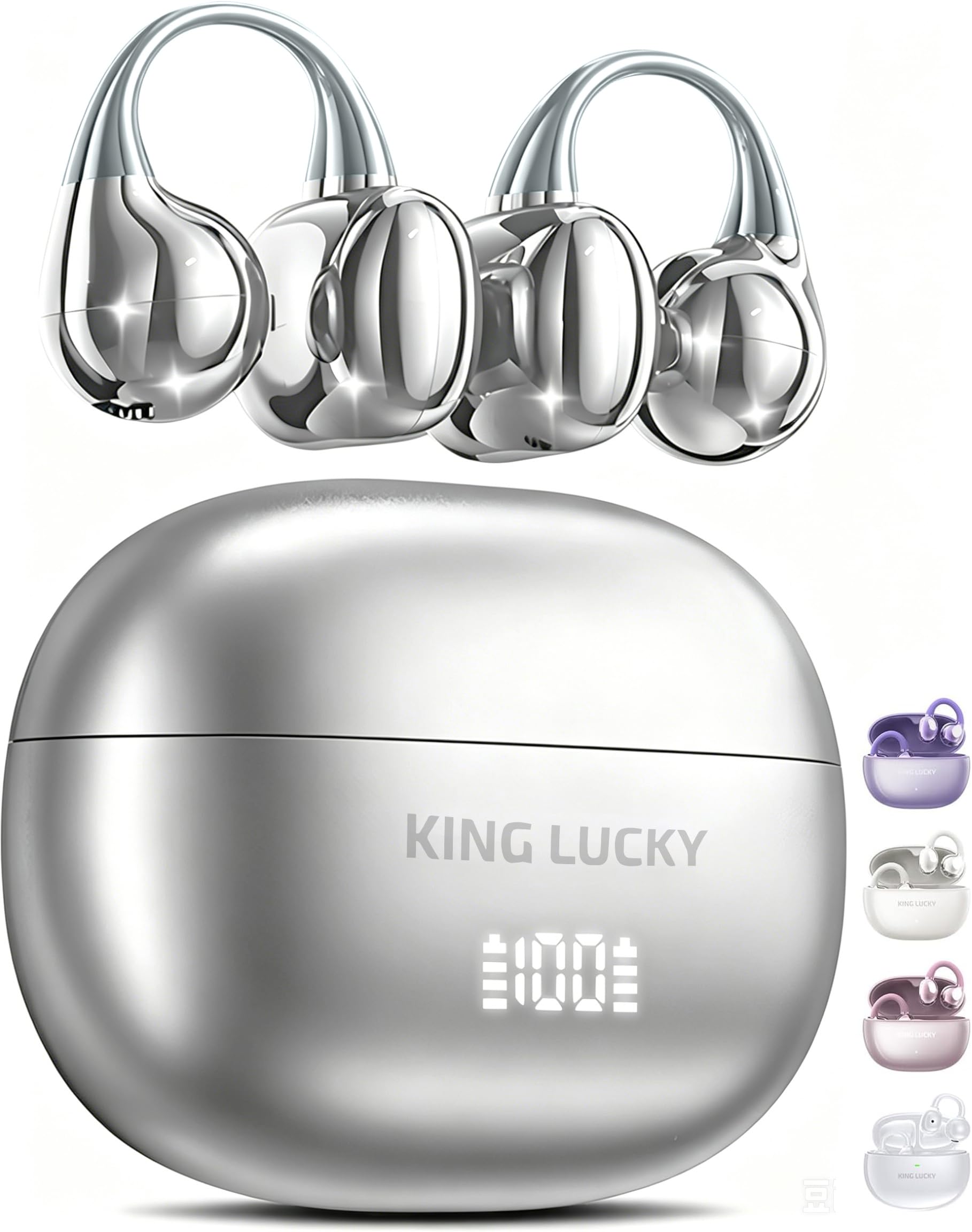 King Lucky Next-gen - Auriculares inalámbricos Bluetooth 6.0 con micrófono, 50H Play, ENC, IPX5 impermeable, auriculares deportivos, cómodos para orejas pequeñas y fitness, correr (plata