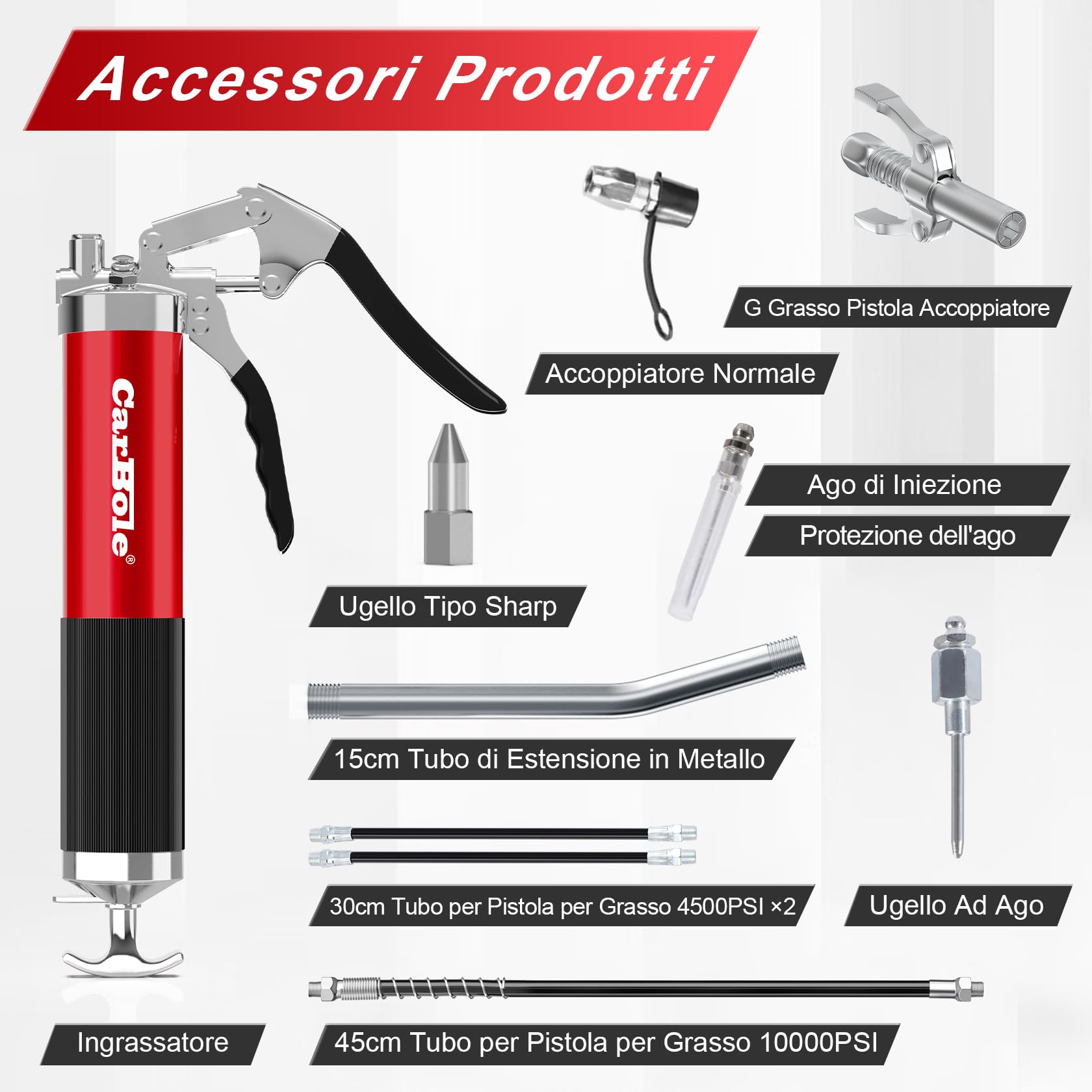 CarBole Ingrassatore 8000PSI con G Grasso Pistola Accoppiatore,Pistole per Grasso,con 3 Tubi Flessibili e Tubo di Prolunga in Metallo,Quattro Tipi di Ugelli,Compatibile con Cartuccia da 400cc