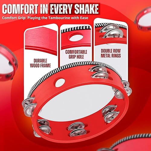 Miniatura 5 de Flexzion Pandereta de mano de madera para niños, juego de 2 unidades de 8 y 6 pulgadas, doble fila, 12 pares de jingles de metal, tambor de