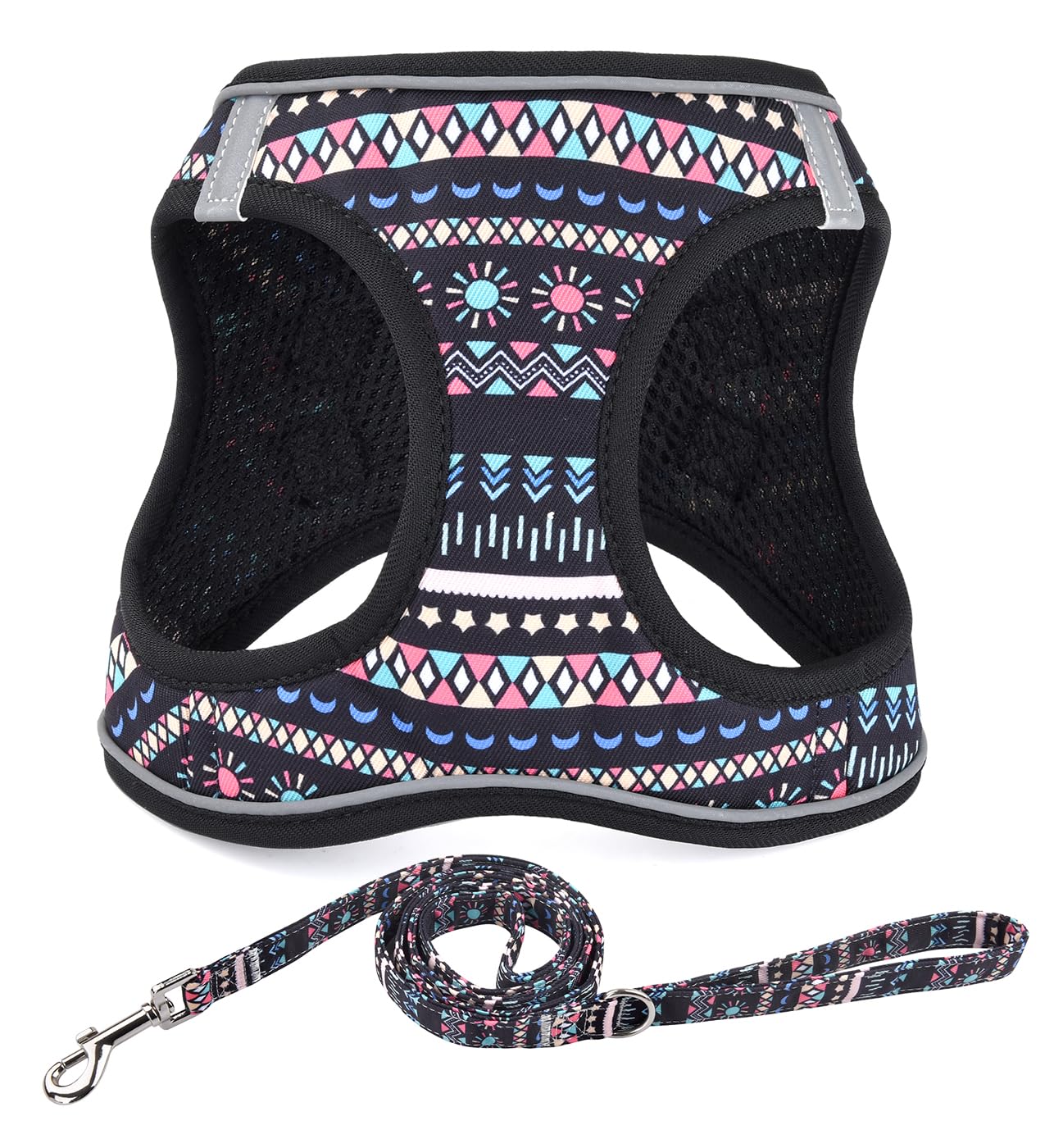 Mihqy Step in Dog Harness and Leash Set, Reflective Adjustable No Pull Dog Harness for Extra-Small/Small Dogs Puppy and Cats, Soft Padded Mesh Vest Harnesses for Girl and Boy Pets(Black Bohemia,XXS)