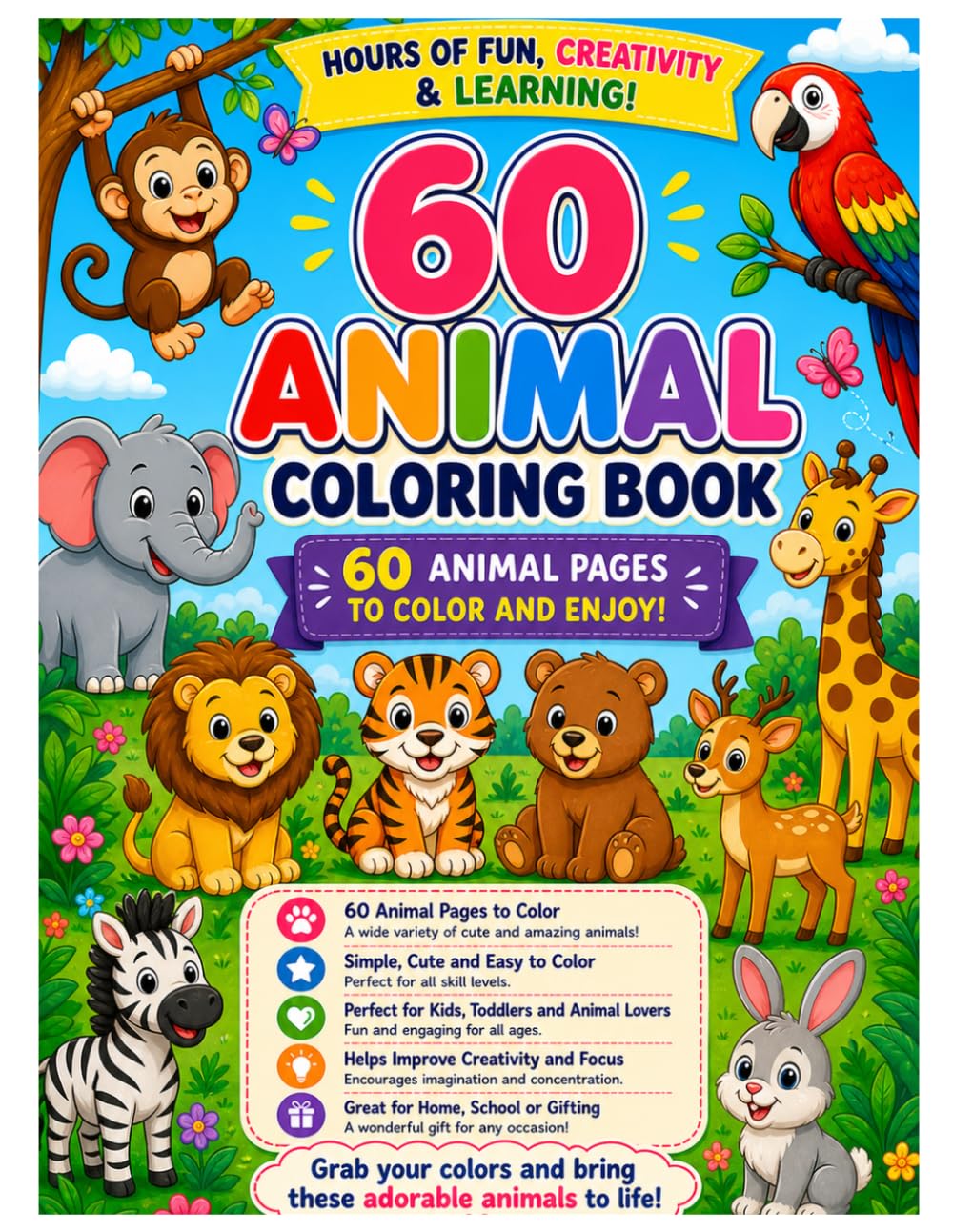 Cute Animals Coloring Book for kids: 60 Fun & Easy Coloring Pages for Kids