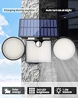 Vista 2 de Luces solares de pared para exteriores, 3 cabezales ajustables de 270°, iluminación de gran angular de 3000 lúmenes, 204 luces LED de inundación