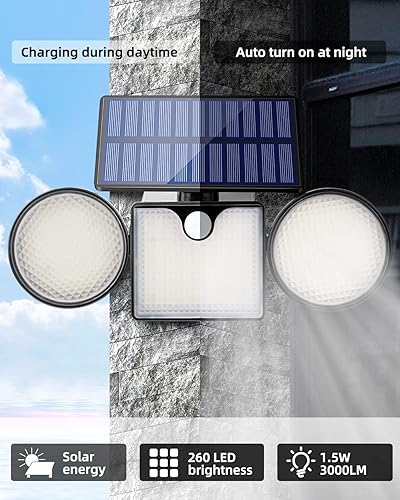 Miniatura 2 de Luces solares de pared para exteriores, 3 cabezales ajustables de 270, iluminación de gran angular de 3000 lúmenes, 204 luces LED de inundación, luz