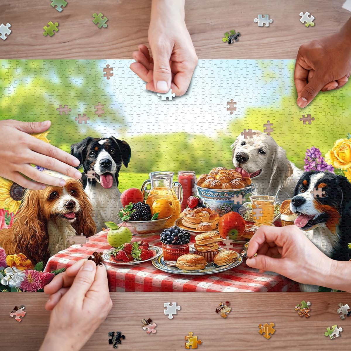 1000 Piece Puzzle for Adults,Cute Dog Party Jigsaw Puzzles,Funny Puppy Picnic Artistic Puzzle Family Game Fun Relaxing Challenging,Home Wall Decor