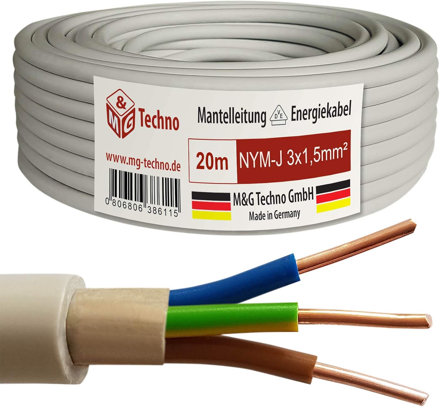 M&G Techno NYM-J 10385 Sheathed Cable, Wet Room Cable, Electric Cable, Copper, Made in Germany, Grey, 20 m M&G Techno NYM-J 10385 Sheathed Cable, Wet Room Cable, Electric Cable, Copper, Made in Germany, Grey, 20 m