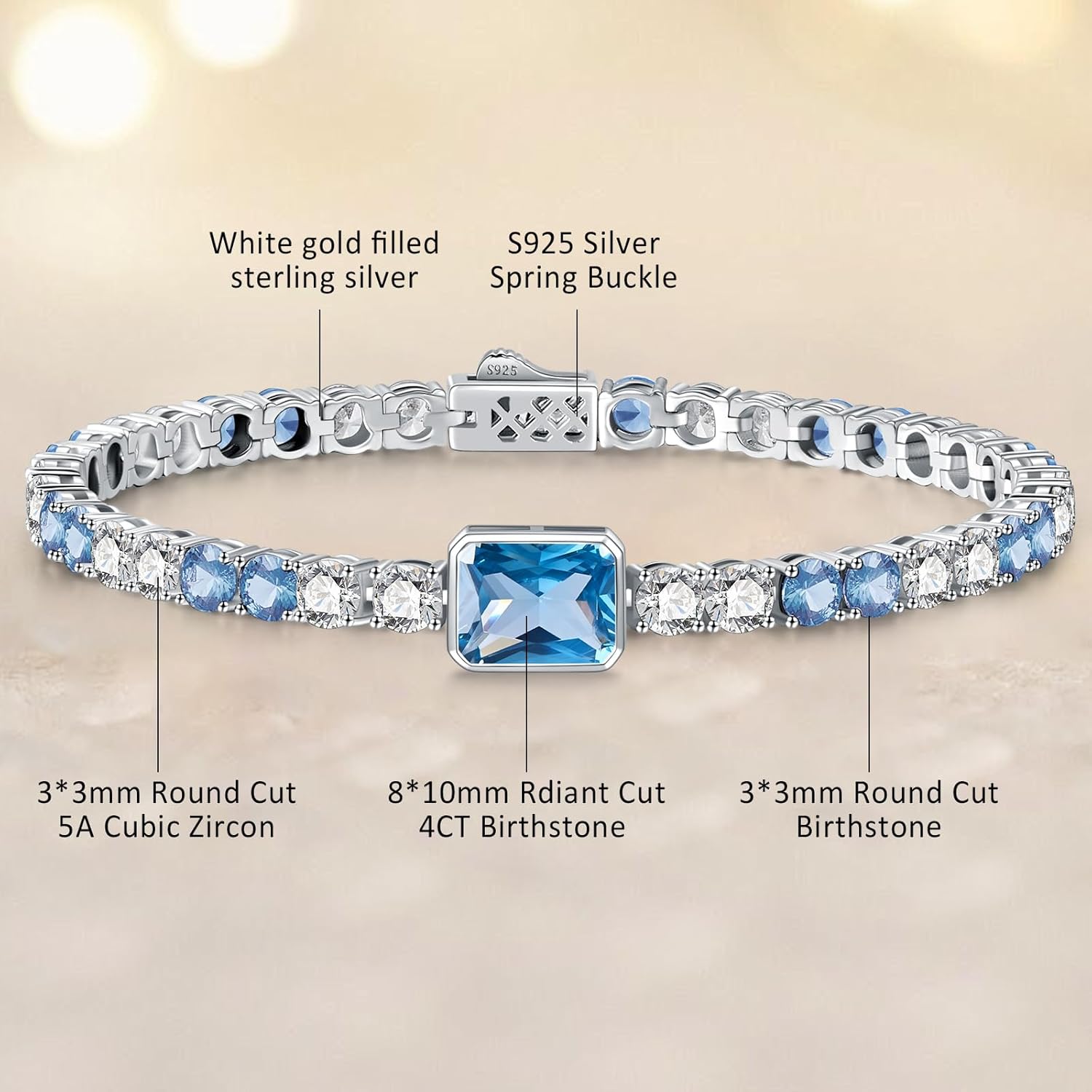 Birthstone Bracelets for Women Birthday Gifts 4CT Radiant Cut Birthstone 4mm Sterling Silver White Gold Tennis Bracelets for Women Round Cut 5A Cubic Zirconia Bezel Setting 7 Inch