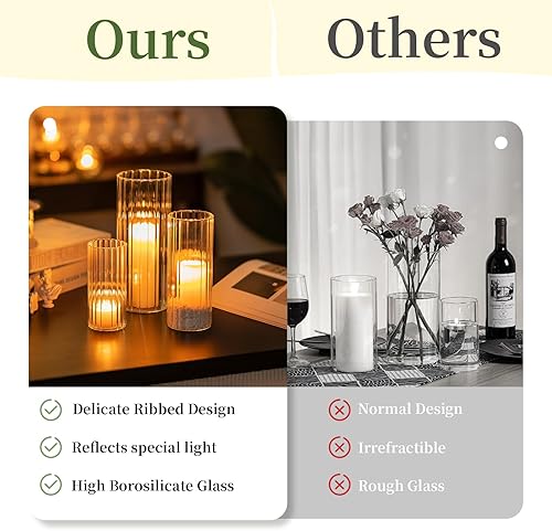 Miniatura 6 de Glasseam Portavelas de vidrio acanalado, portavelas cilíndricos para velas de pilar, juego de 6 portavelas transparentes de huracán, jarrones