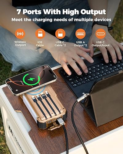 Vista 4 de BLAVOR Banco de energía solar con manivela y 4 cables, cargador portátil inalámbrico de 74000 mWh con USB C y luz de campamento, batería de carga