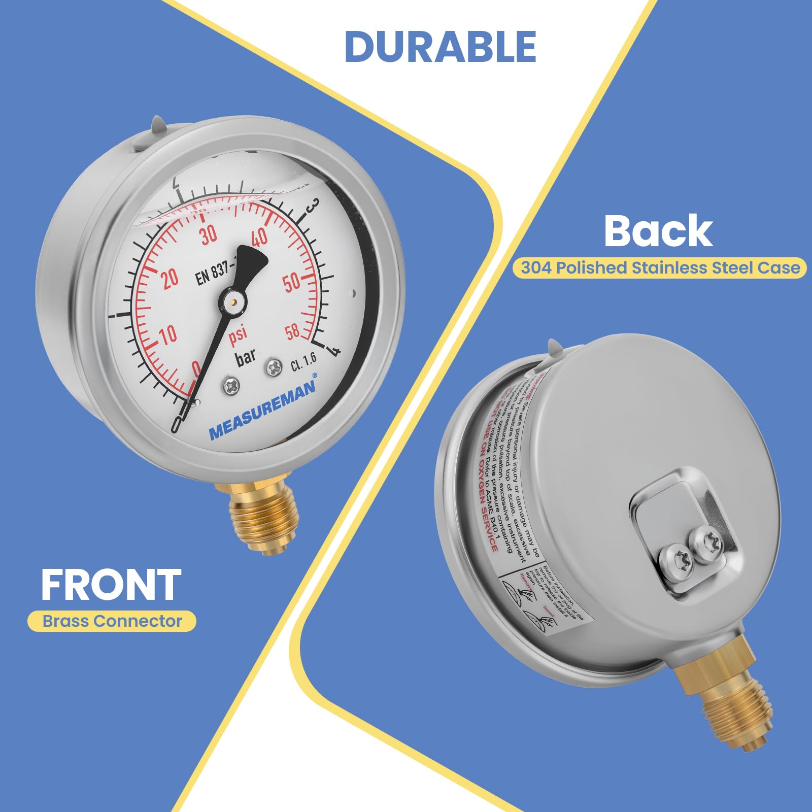 Manomètre, Manomètre Glycérine 2,5 pouces, 0-4 bar, boîtier en acier inoxydable 304, raccord inférieur 1/4" BSP