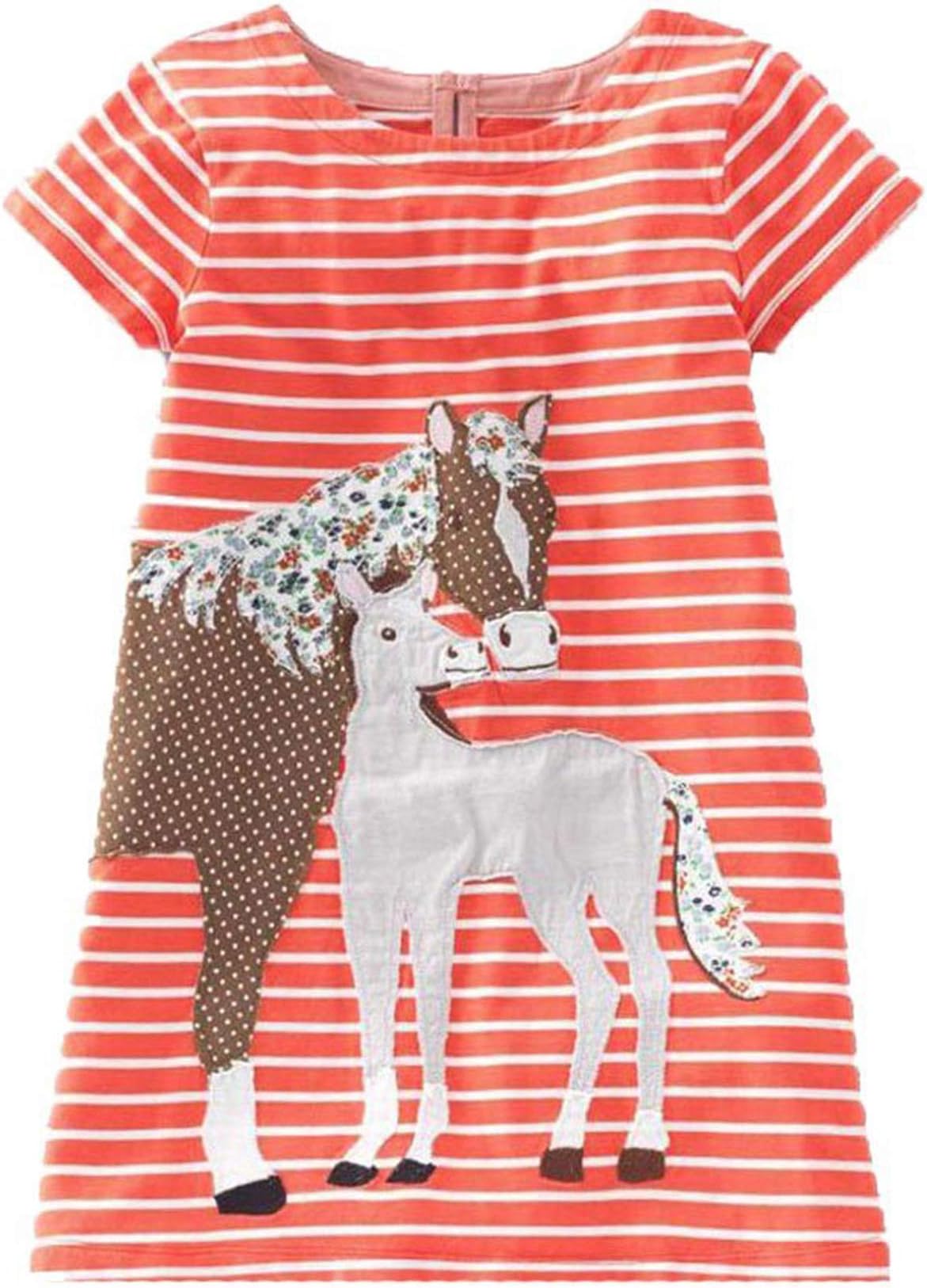 Girls Cotton Long Sleeve Casual Cartoon Appliques Striped Jersey Dresses