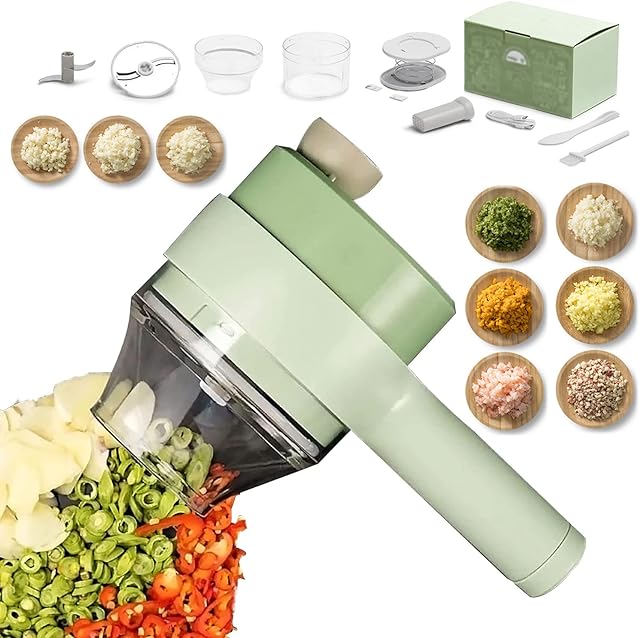 4 in 1 Handheld Electric Vegetable Cutter Set, Gatling Vegetable Cutter Mini Wireless Electric Garlic Mud Masher for Garlic Pepper Chili Onion Celery Ginger Meat with Measuring Spoon (11PCS Set)