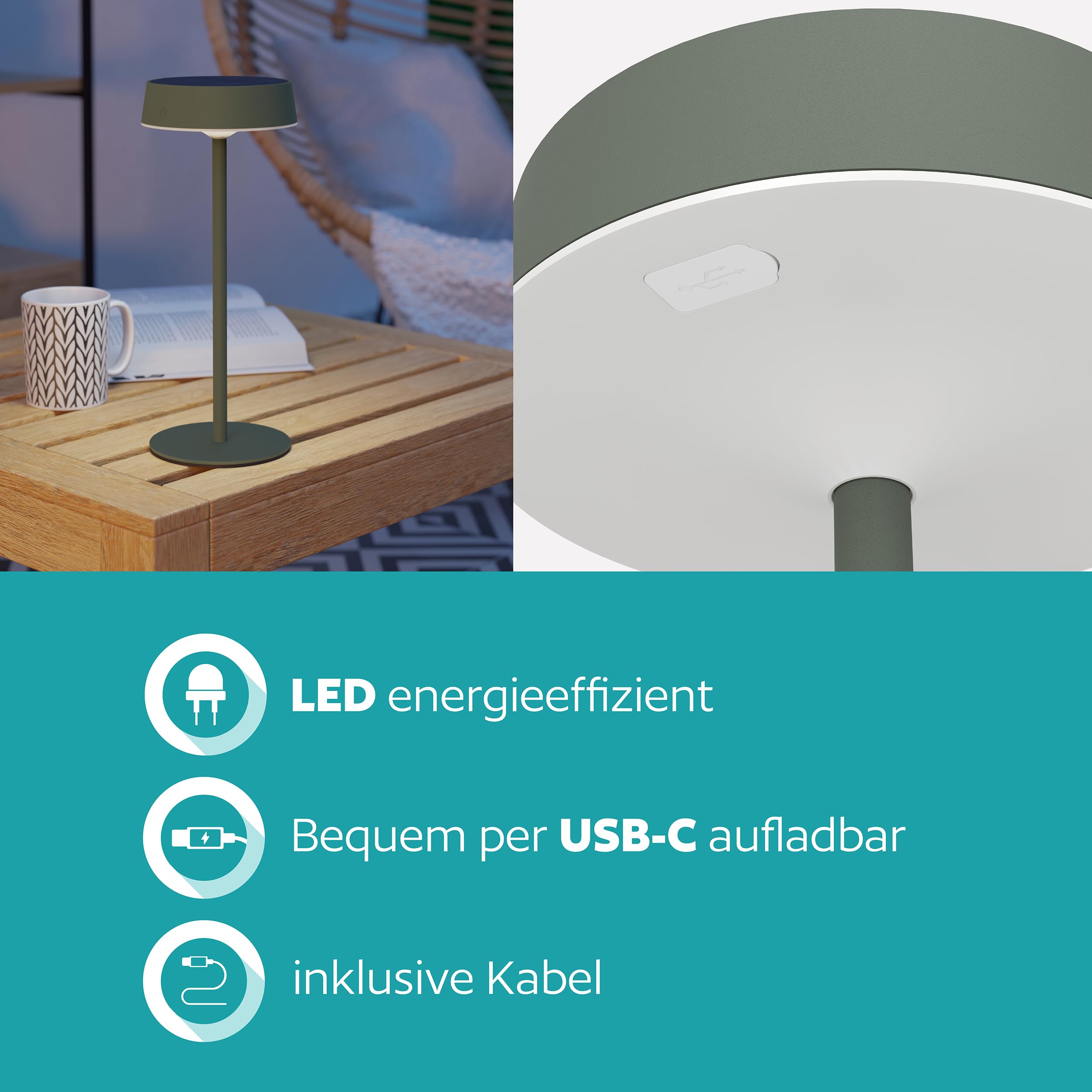 EGLO LED Solar Tischleuchte außen Simeri, kabellose Akku Tischlampe Touch dimmbar, Solarlampe Outdoor aus Metall in Grün, warmweiß, neutralweiß, kaltweiß, IP54