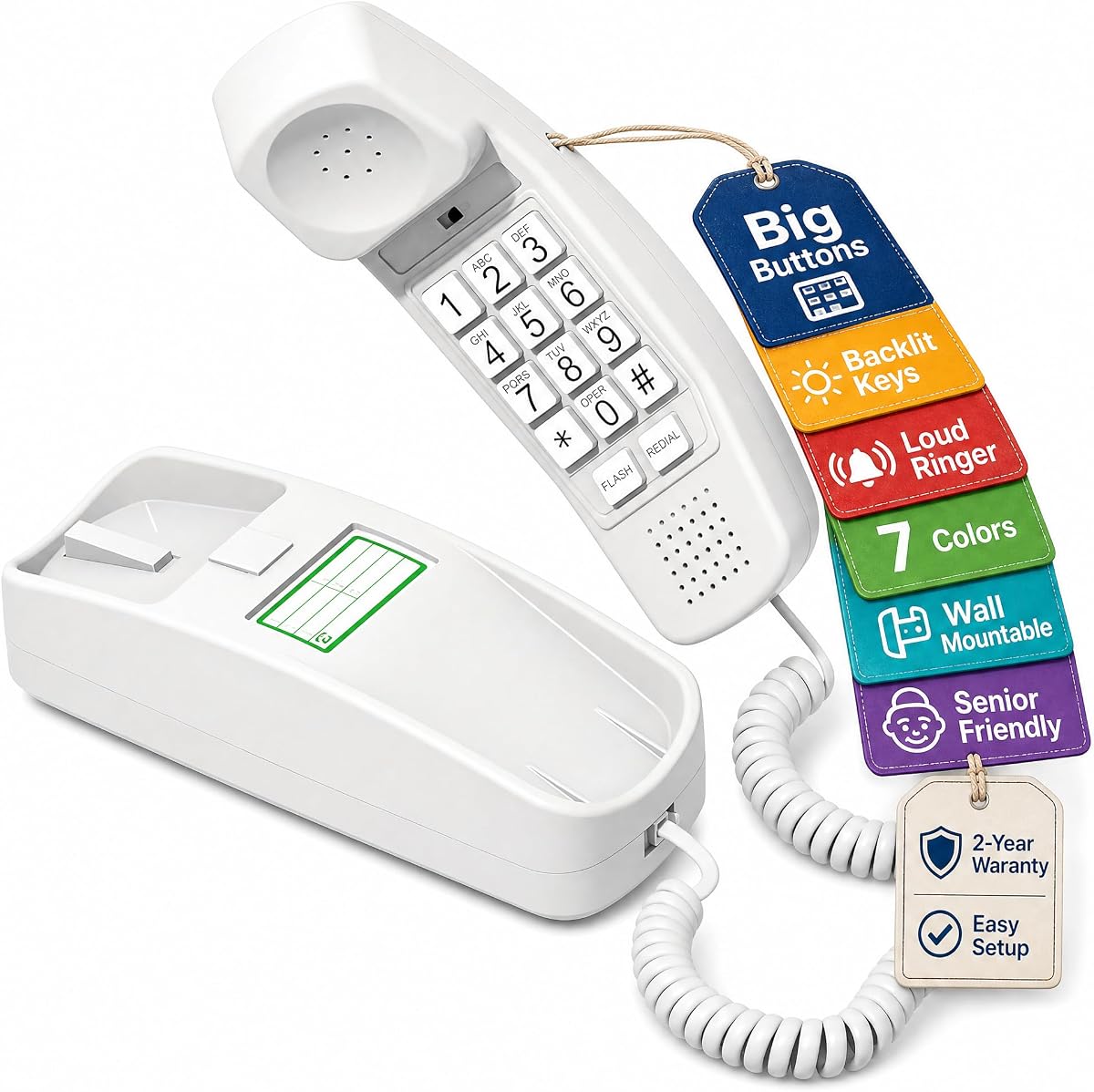 Teléfonos Fijos para el Hogar, Botón Grande con Cable, Choctaw Blanco | Teléfono para personas mayores, con discapacidad visual, teclado iluminado, funciones de rellamada y silencio, no necesita pilas, garantía de 2 años