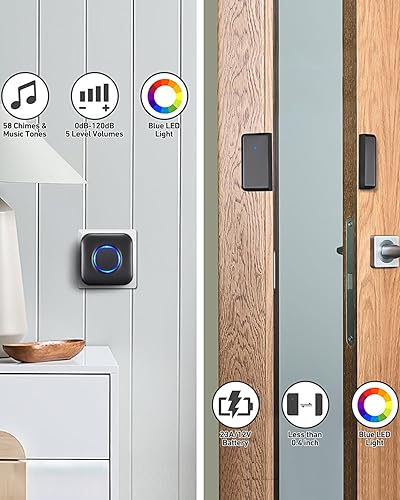 Miniatura 7 de BITIWEND - Timbre de puerta, alarma inalámbrica con sensor de puerta con rango de 600 pies, 58 campanillas, 5 niveles de volumen, indicadores LED,