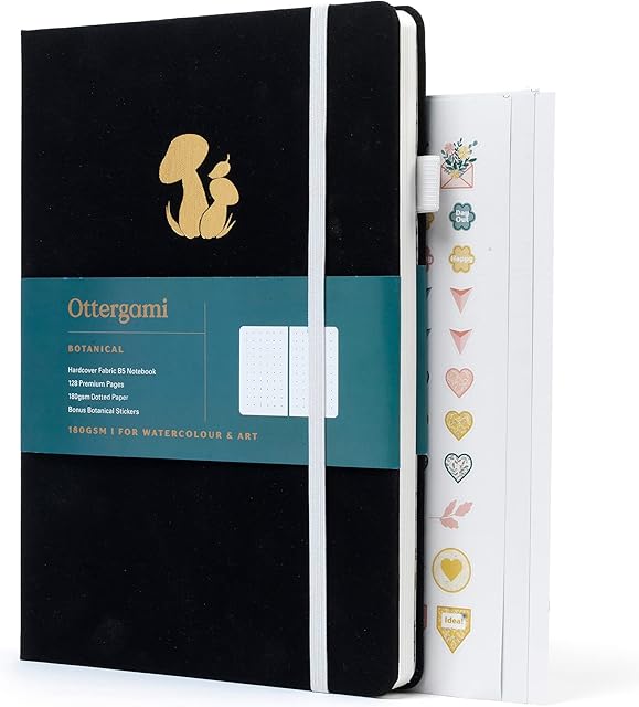 Ottergami Bullet dot Journal. B5 Notebook. Thick 180gsm Dotted Notebook Paper. Luxury Vegan Leather Journal. 128 Pages, Back Pocket, Scribble Test Page & Ribbon Bookmark. The B5