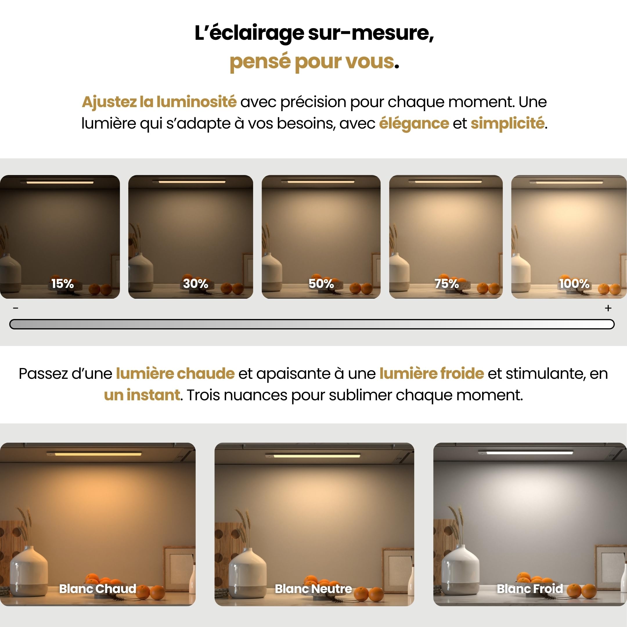 Lumic Mouvement 3.0 Réglette LED Sans Fil à Détecteur de Mouvement Rechargeable USB 3 Couleurs D'Éclairage Batterie Longue Durée 40cm