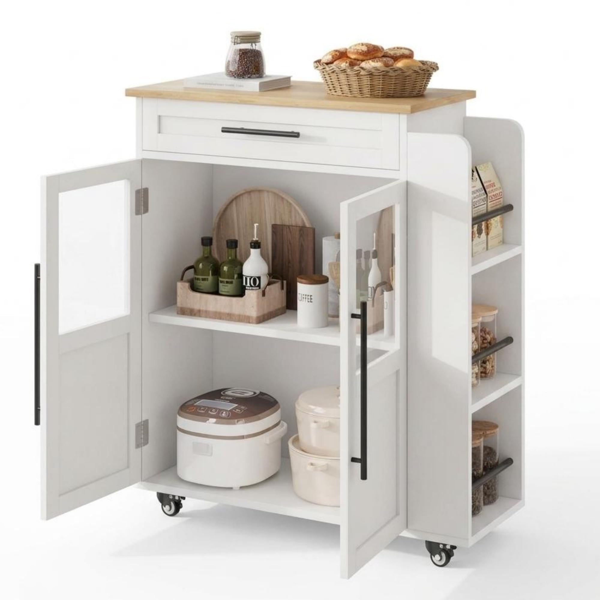 Garvee Kücheninsel mit Rollen, Küchenwagen & Servierwagen mit Glastüren, Schublade, Gewürzregal für Küche, Esszimmer & Flur, Weiß, 74 x 38 x 78,5 cm